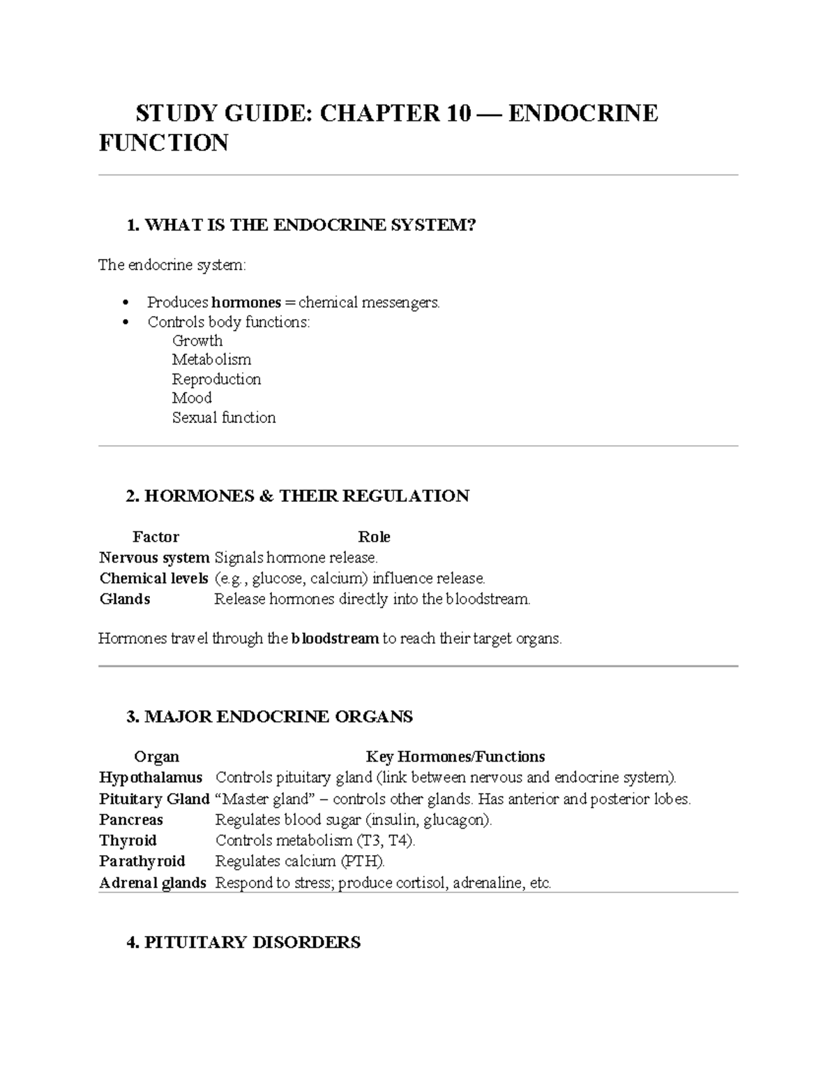 Ch 10 - Study Guide: Endocrine Function Overview - Studocu