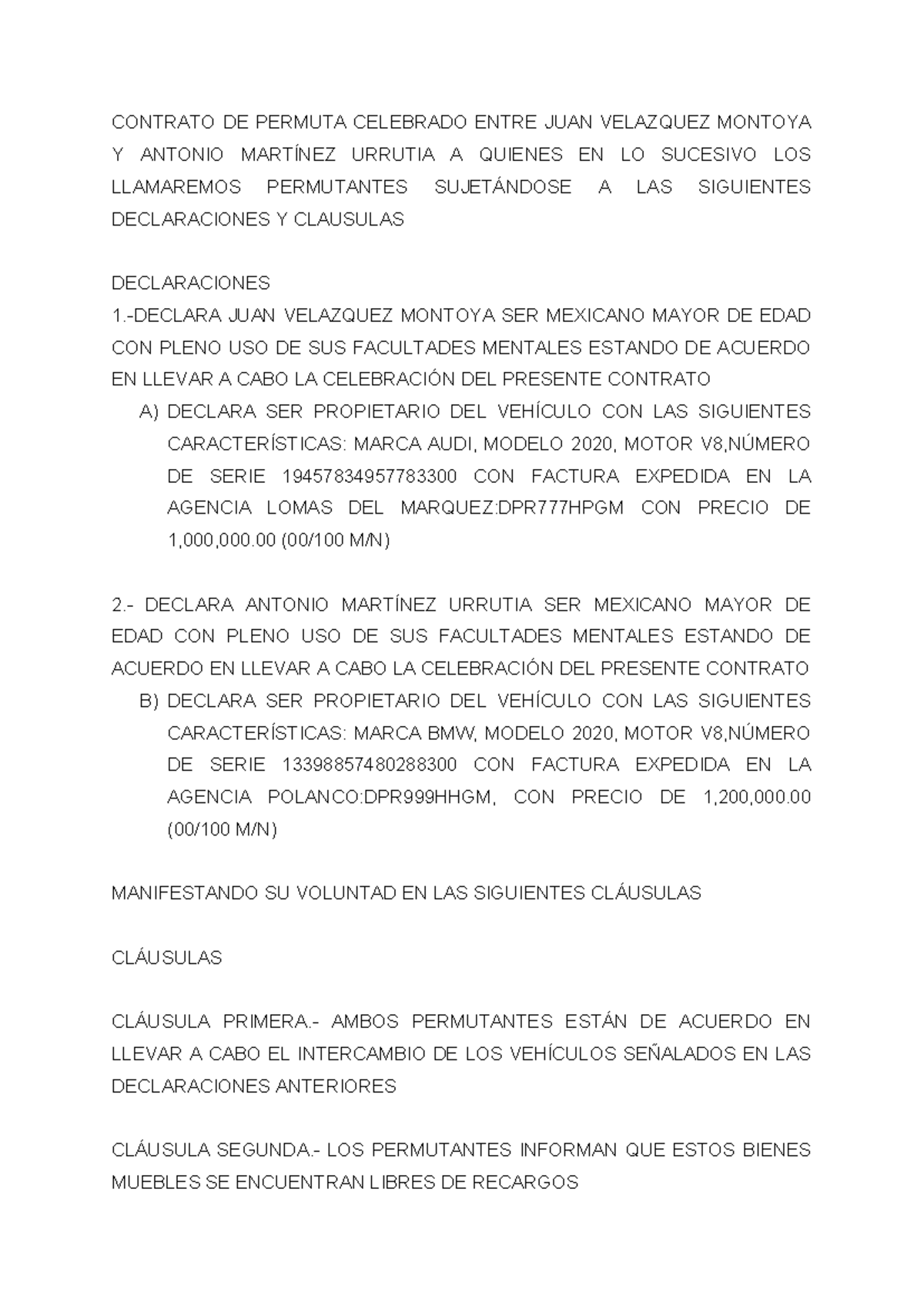 Contrato de Permuta entre Juan Velázquez y Antonio Martínez - Studocu