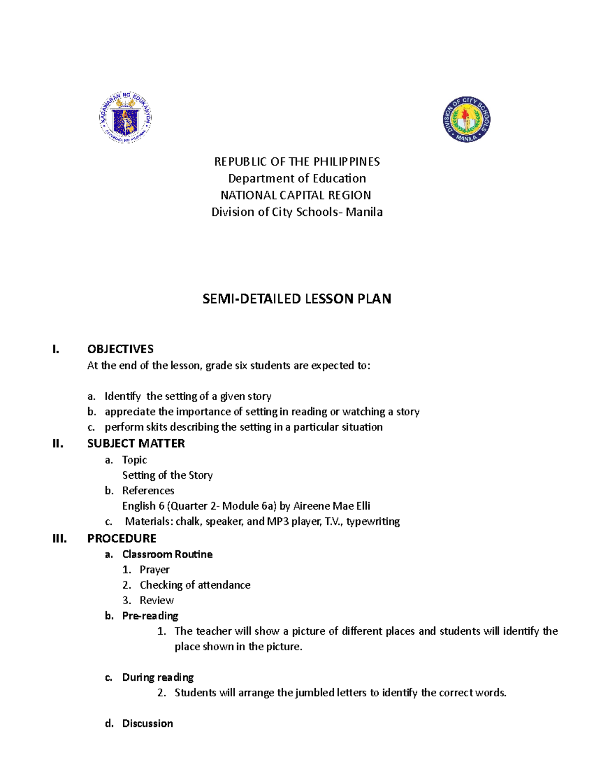 Semi detailed final - Lesson plan for grade 7. - REPUBLIC OF THE ...