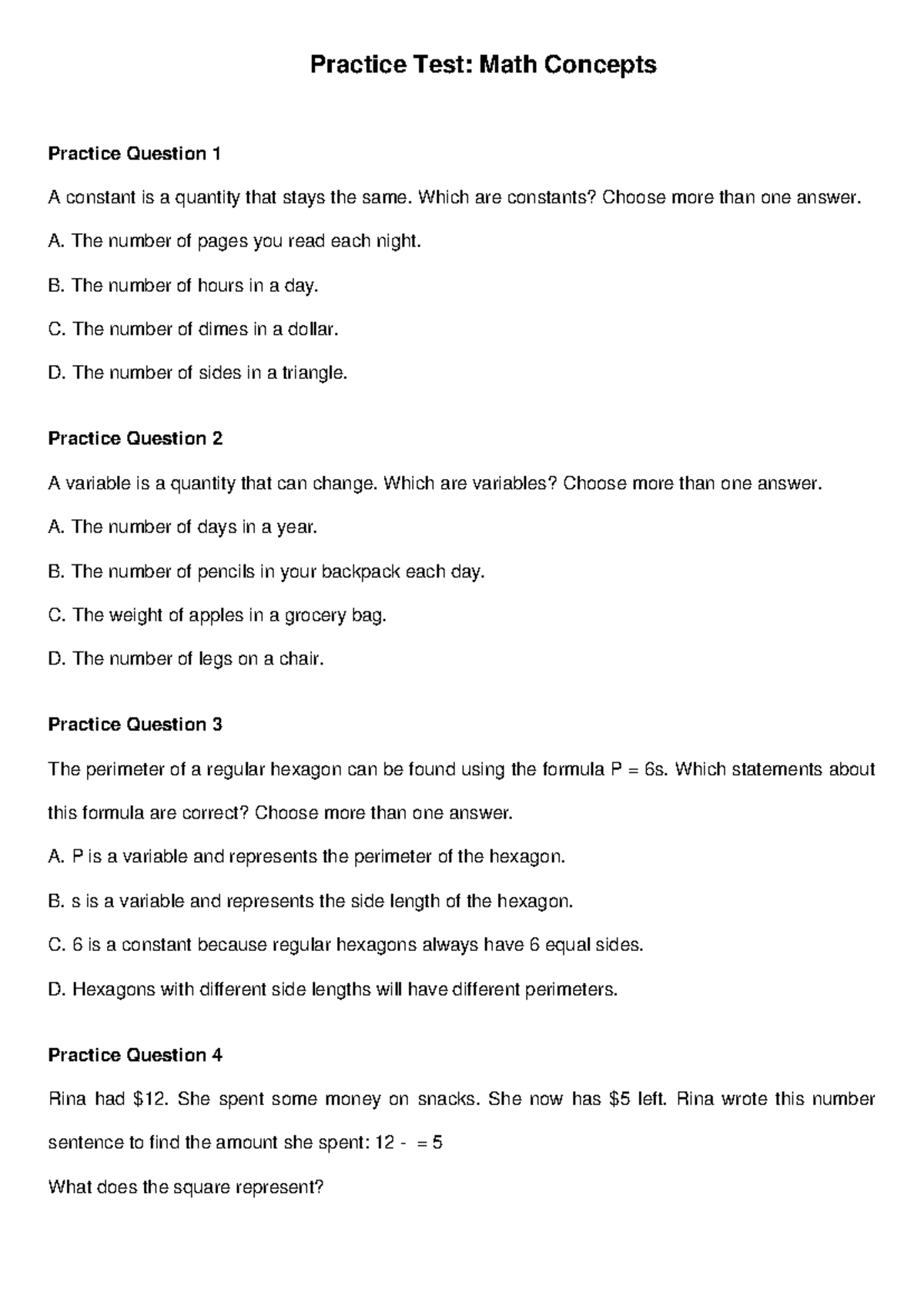 Grade 7 Math Practice Test: Understanding Constants and Variables - Studocu