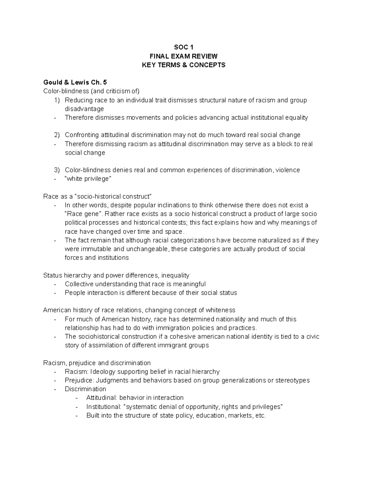 Sociology SOC 1 Final Exam Comprehensive Review Notes - Studocu