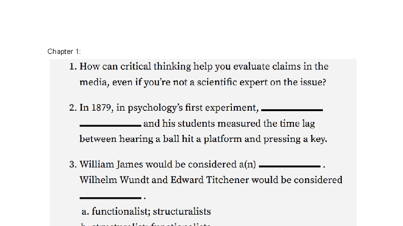 Psychology 101: Chapter 1 Test Questions and Concepts - Studocu