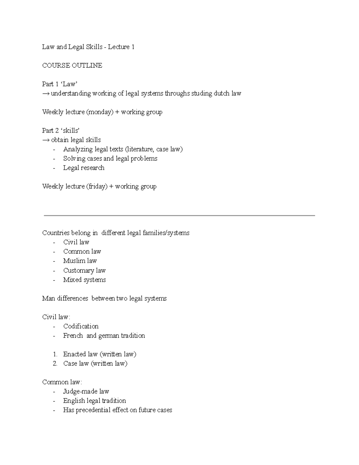 WEEK 1 Law - Intro to Legal Systems & Skills (Lecture Notes) - Studeersnel
