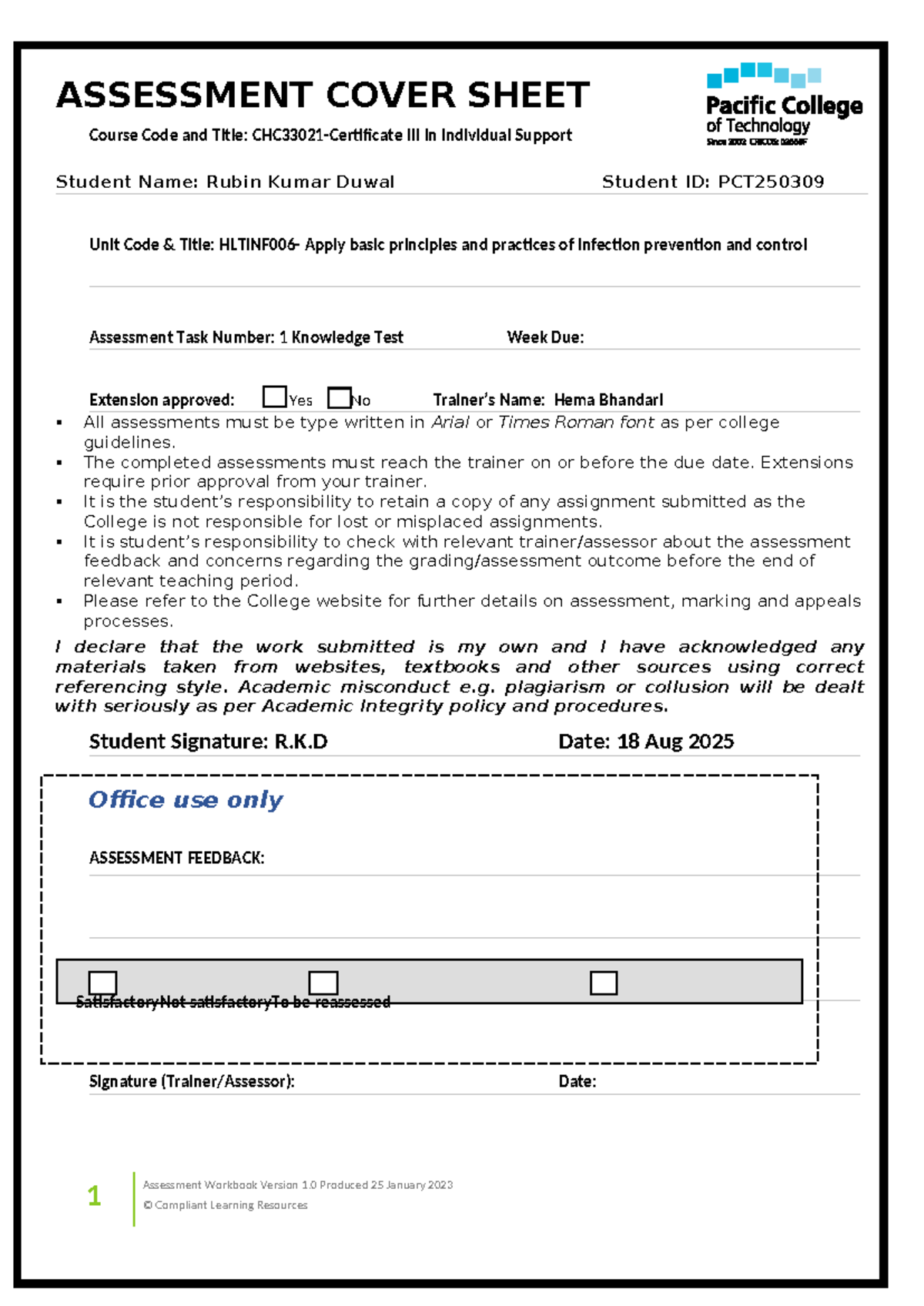 A1 - HLTINF006 Knowledge Test: Infection Prevention & Control ...