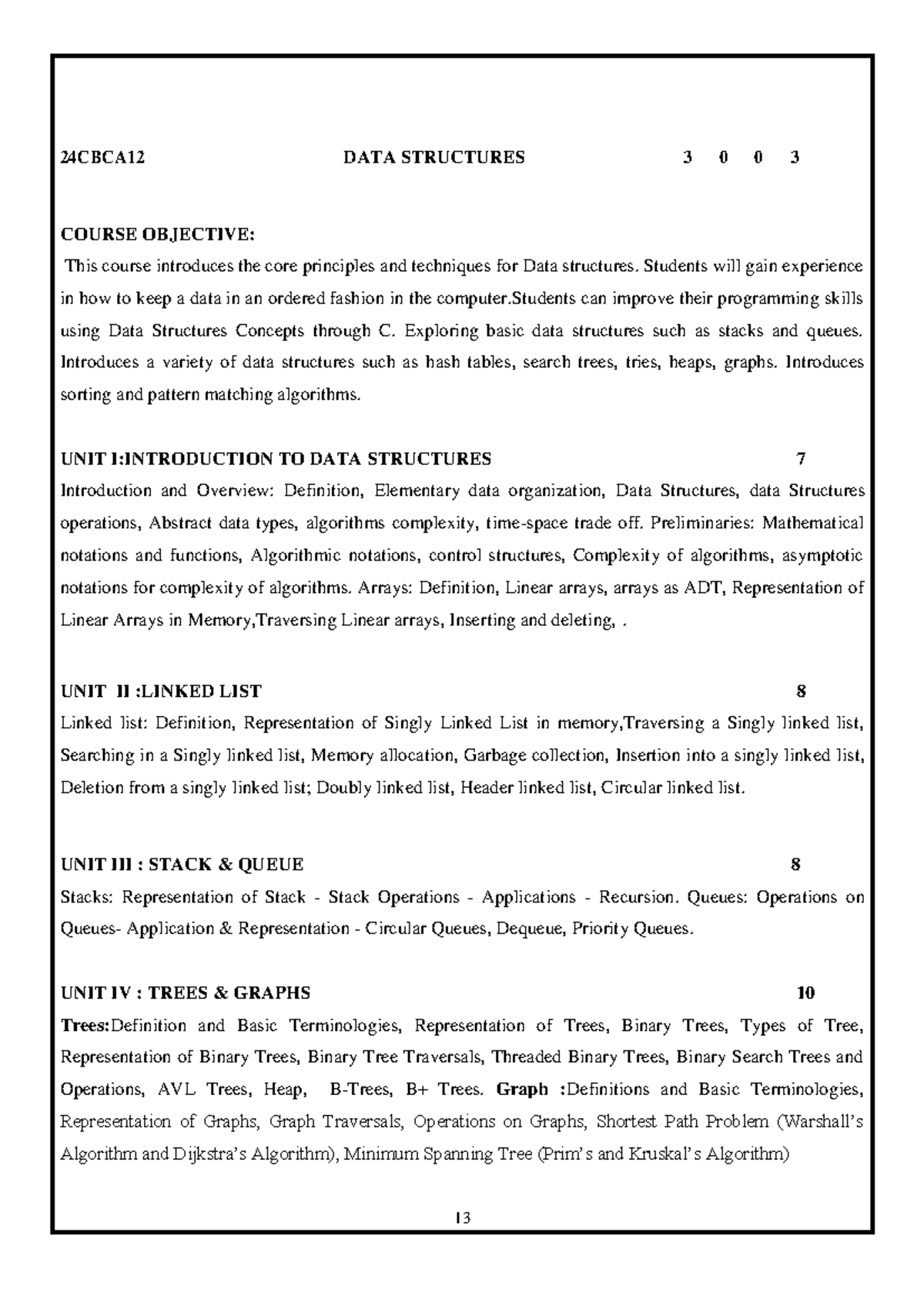 24CBCA12 Data Structures Course Syllabus and Notes - Studocu