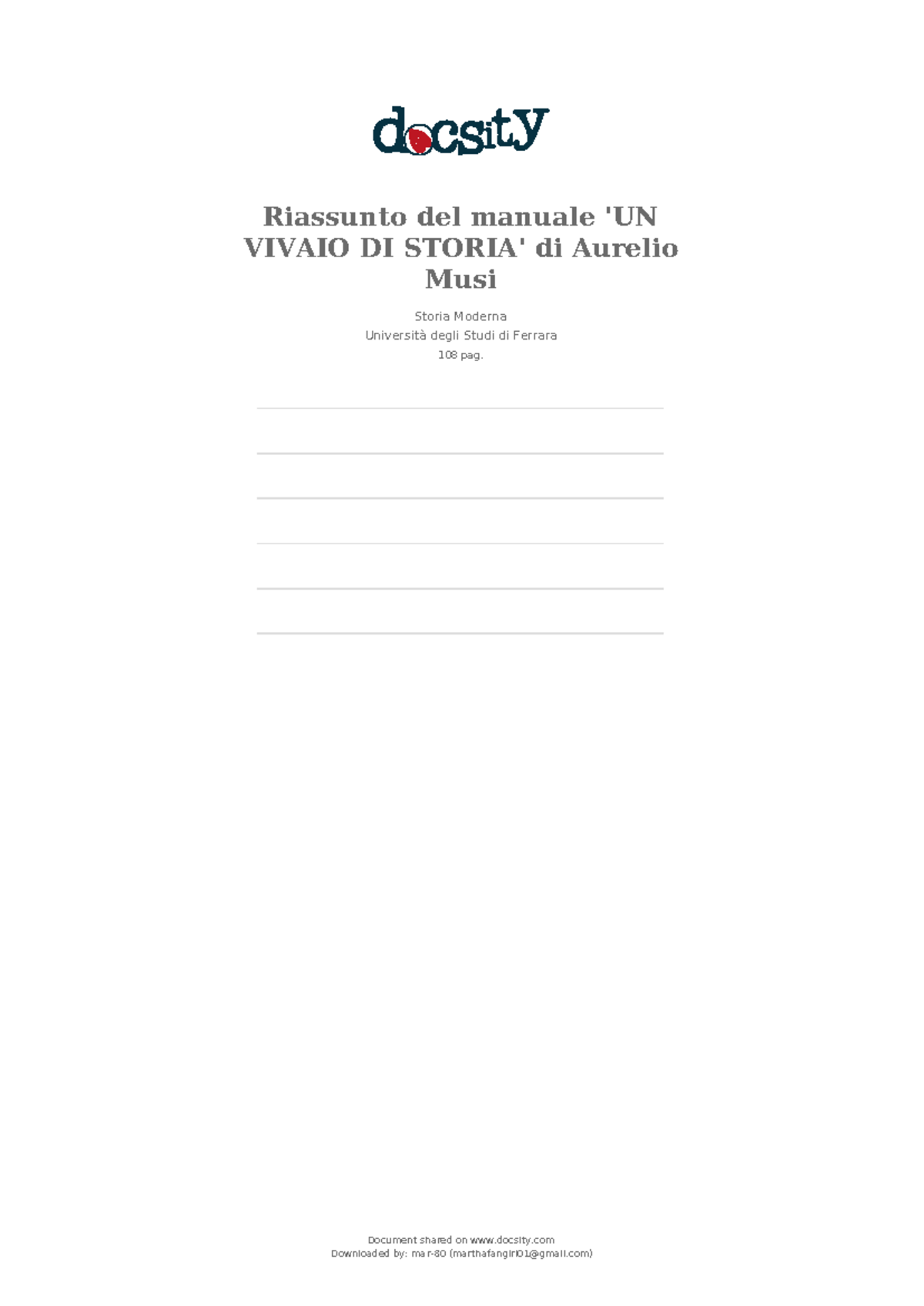 Riassunto Manuale UN VIVAIO DI STORIA di Aurelio Musi - Storia Moderna - Document Preview