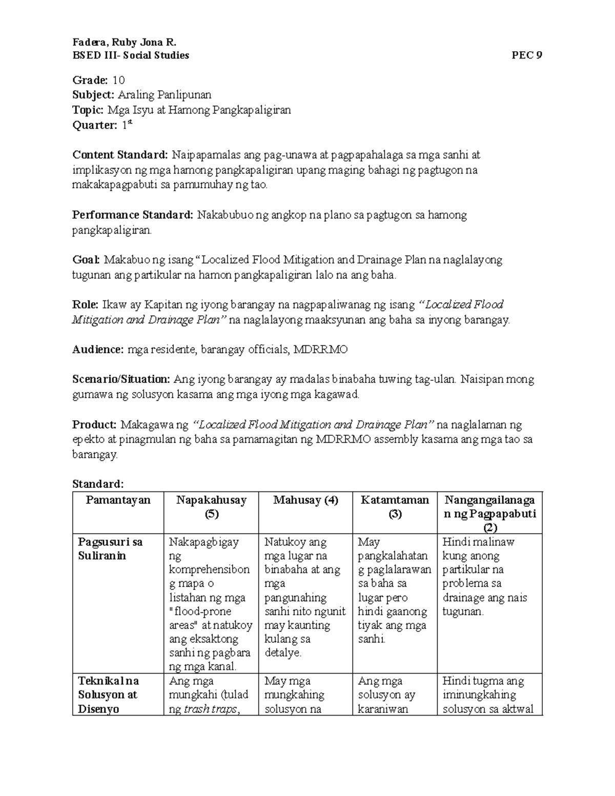 Flood Mitigation and Drainage Plan - BSED Social Studies PEC 9 - Studocu
