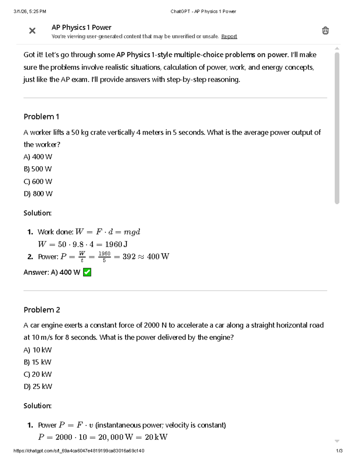 AP Physics 1 Power Problems and Solutions - Studocu