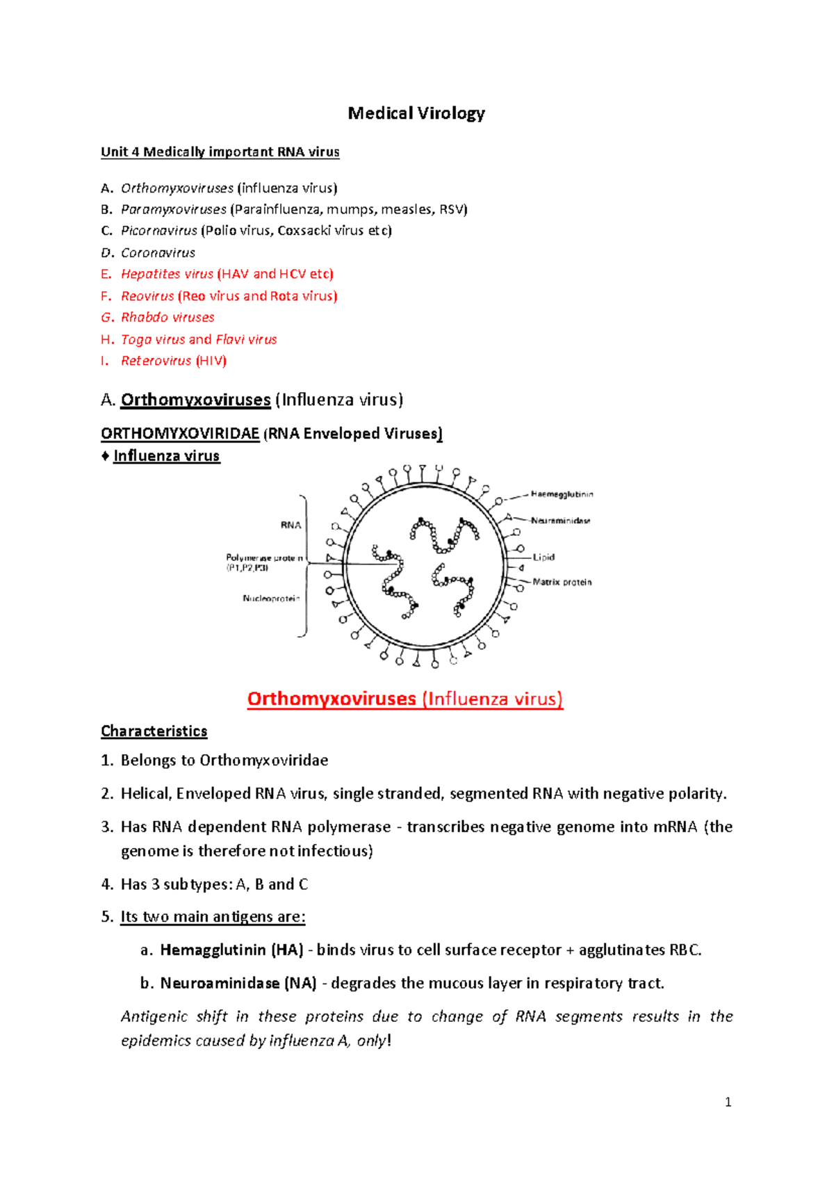 Medical Virology Unit 4: Key Medically Important RNA Viruses - Studocu