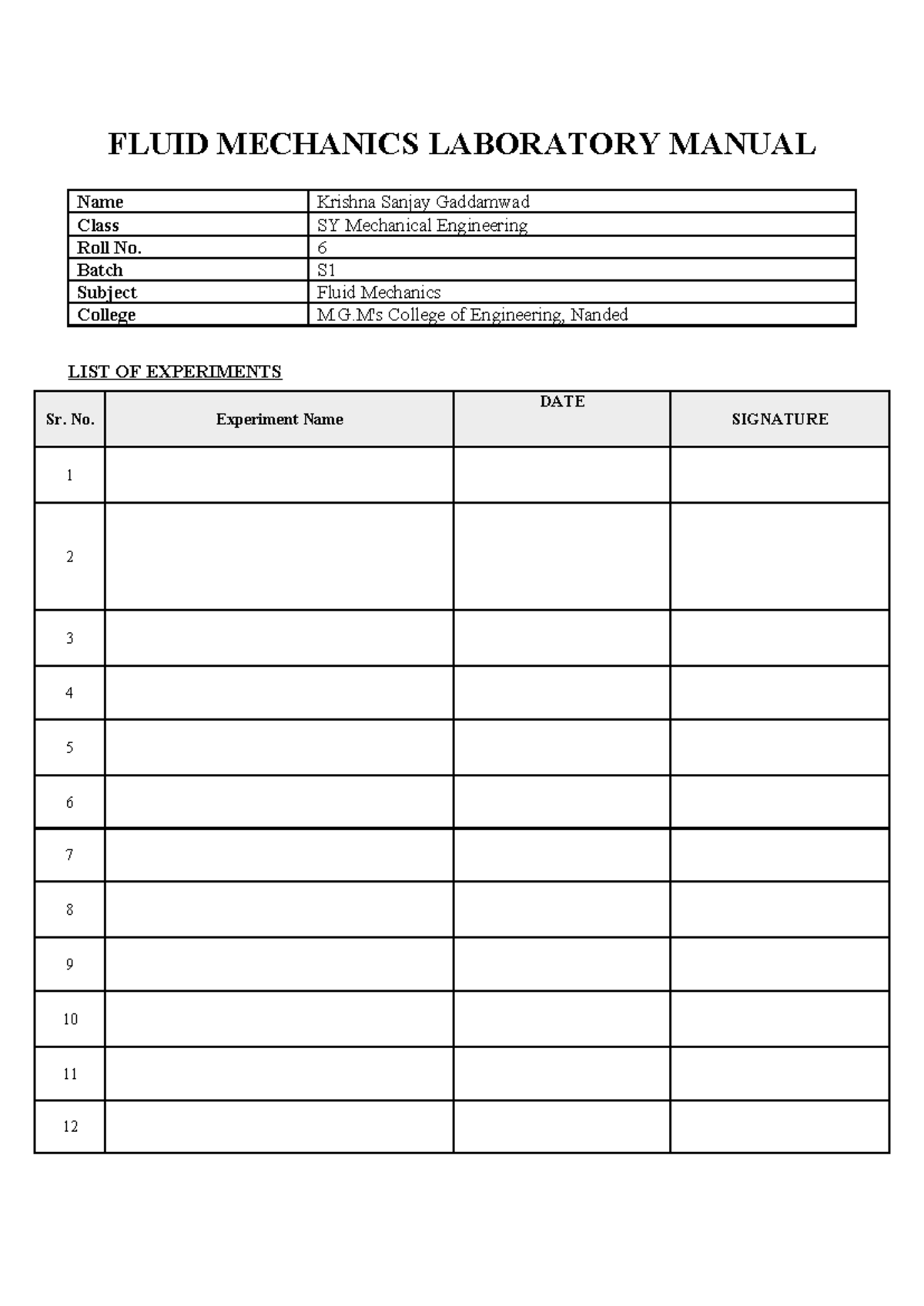 Fluid Mechanics Laboratory Manual (S1) - Experiments Overview - Studocu