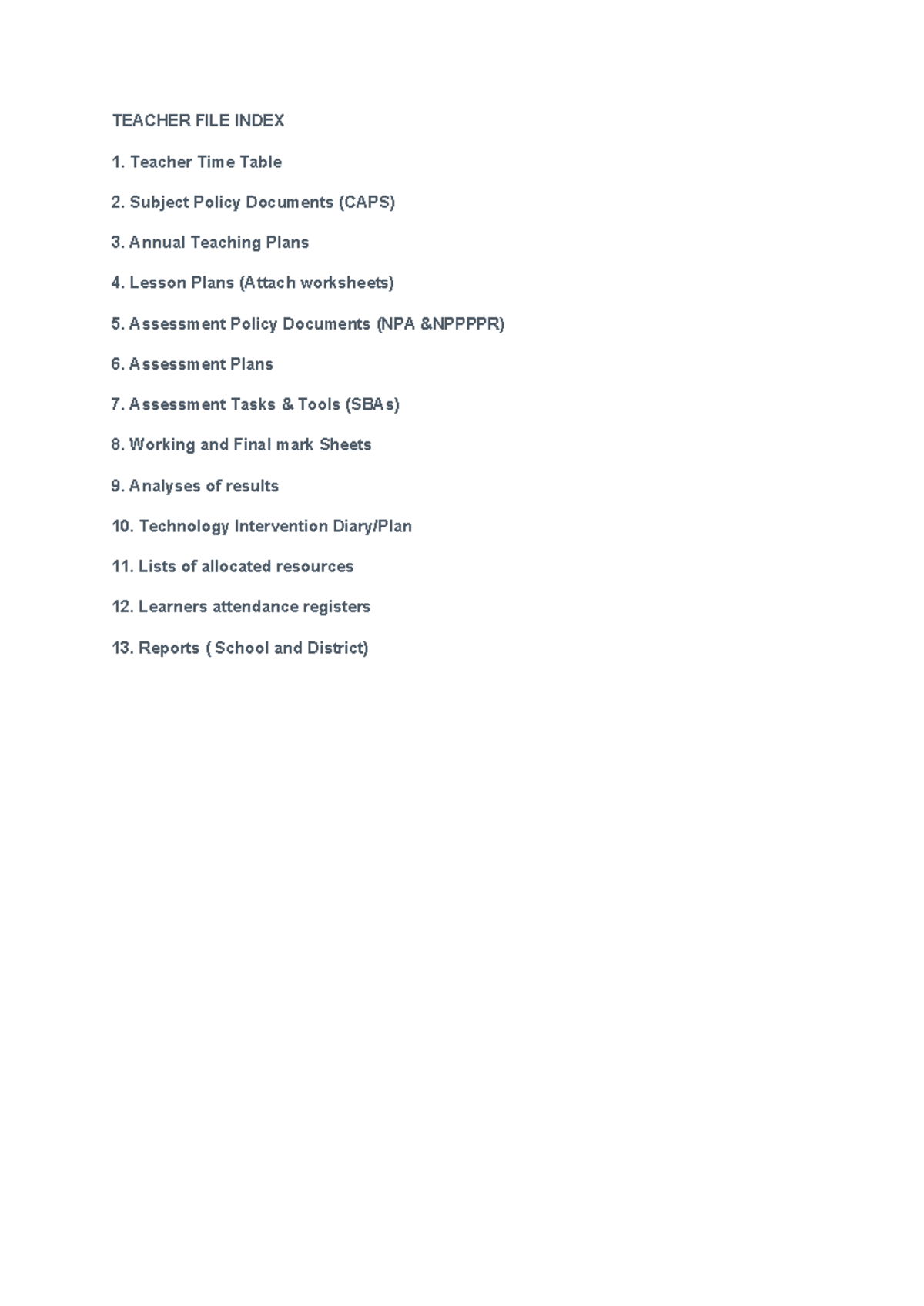 Teacher FILE Index - Techer File - BTE2601 - TEACHER FILE INDEX Teacher ...