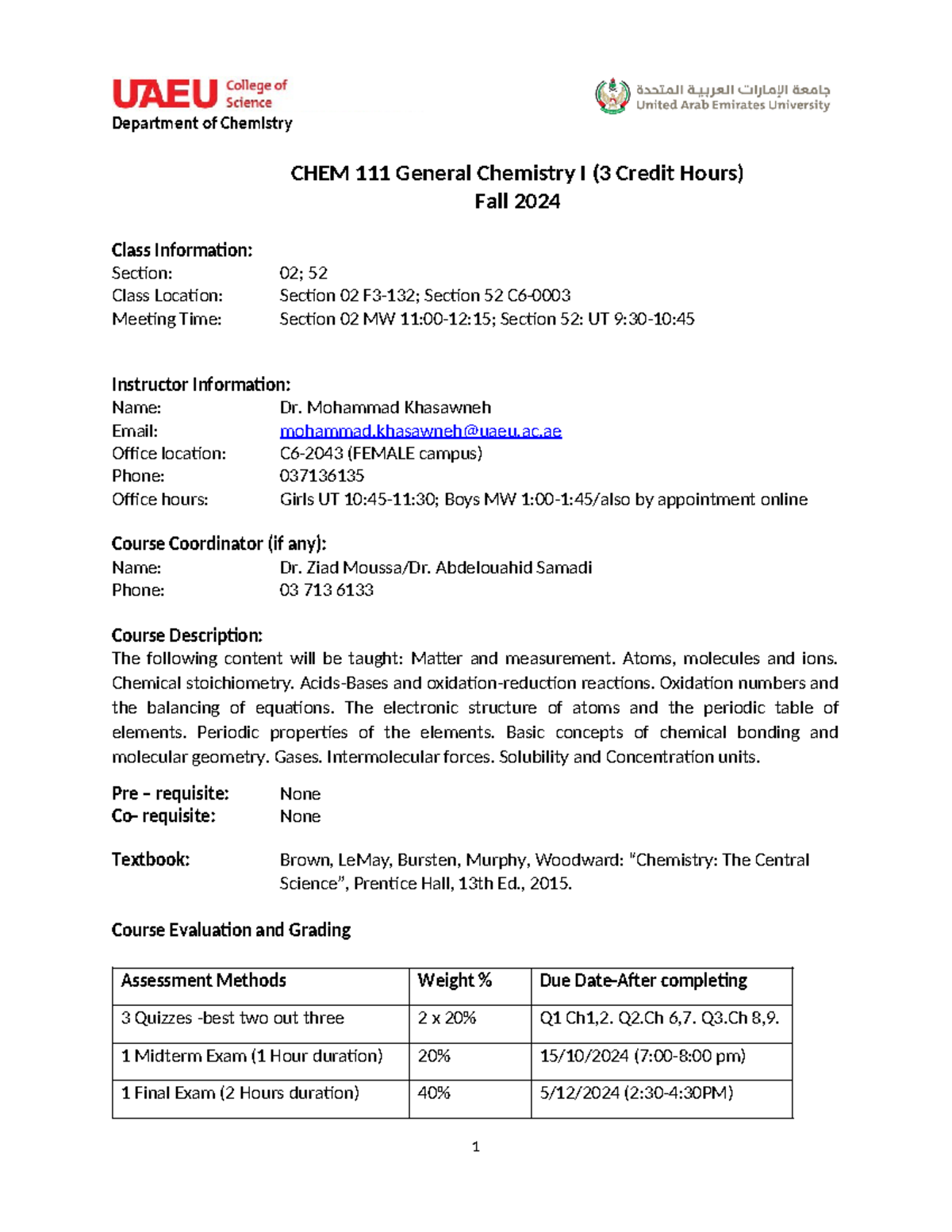 GCI Chem111 Syllabus General Chemistry I - Fall 2024 - Studocu