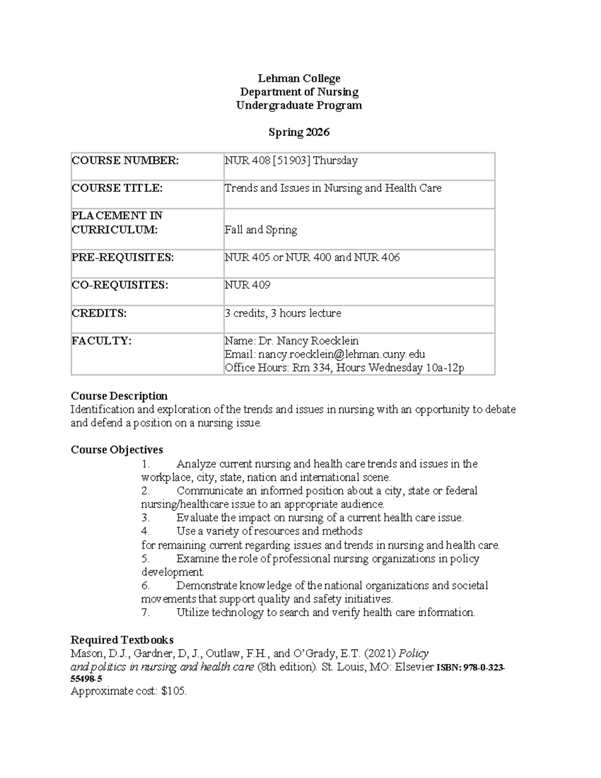 NUR 408: Trends and Issues in Nursing & Health Care Syllabus Spring ...