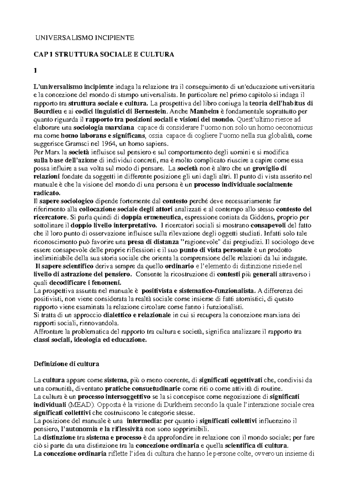 UNIVERSALISMO INCIPIENTE CAP 1: STRUTTURA SOCIALE E CULTURA - Studocu