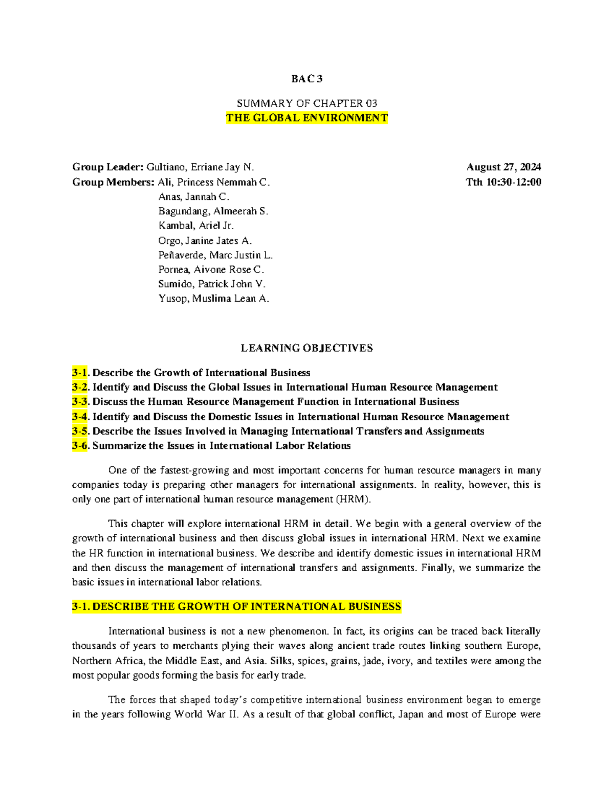 BAC 3 - Summary of Chapter 03: The Global Environment in HRM - Studocu
