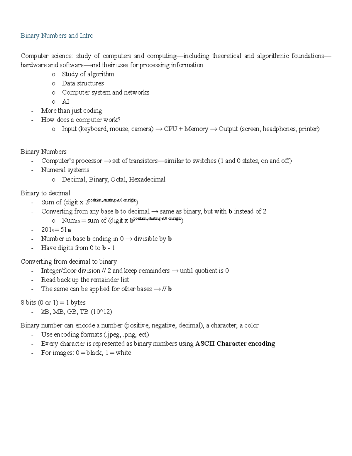 Comp 202 - Comprehensive Class Notes on Binary Numbers & CS Concepts ...