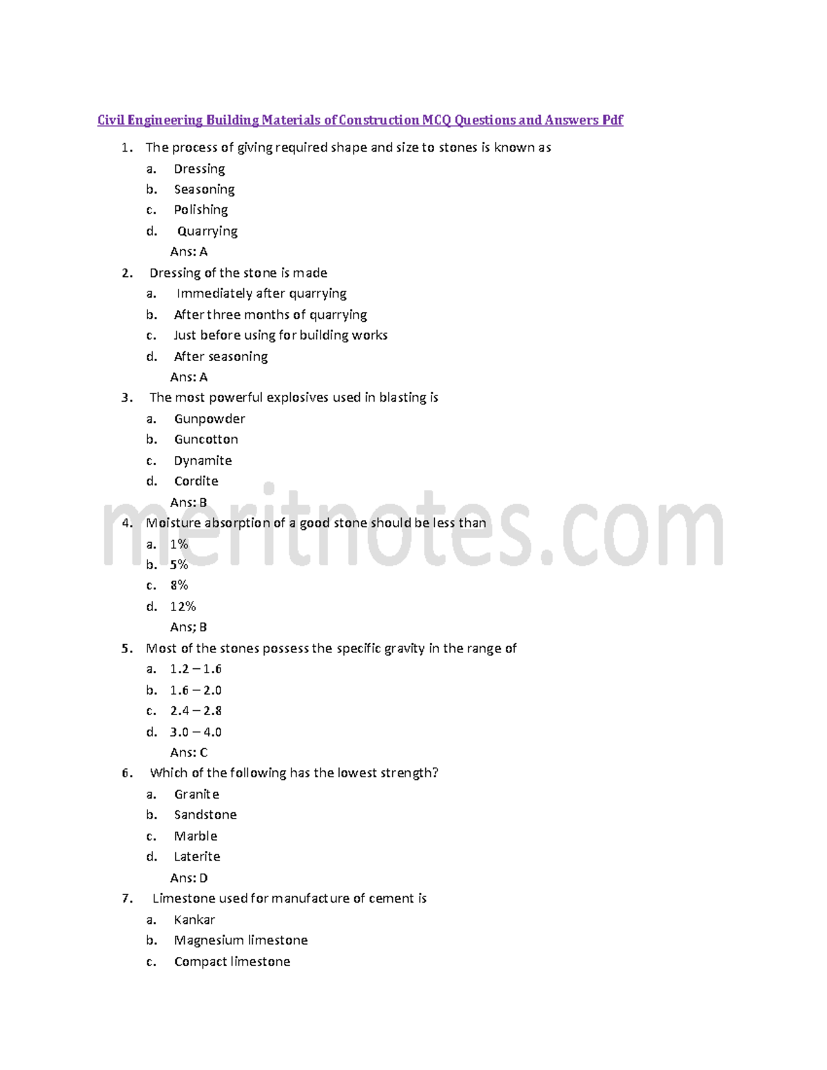 Building Materials & Construction MCQ Questions - Civil Engg Exam - Studocu