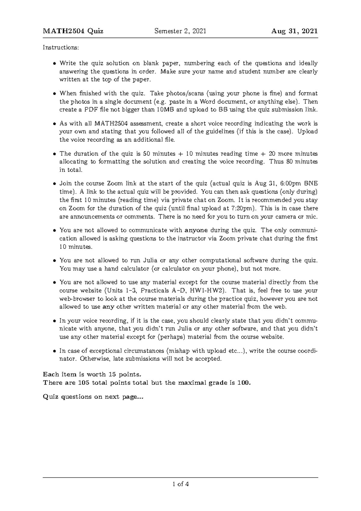 MATH2504 Quiz Instructions & Questions - Semester 2, 2021 - Studocu