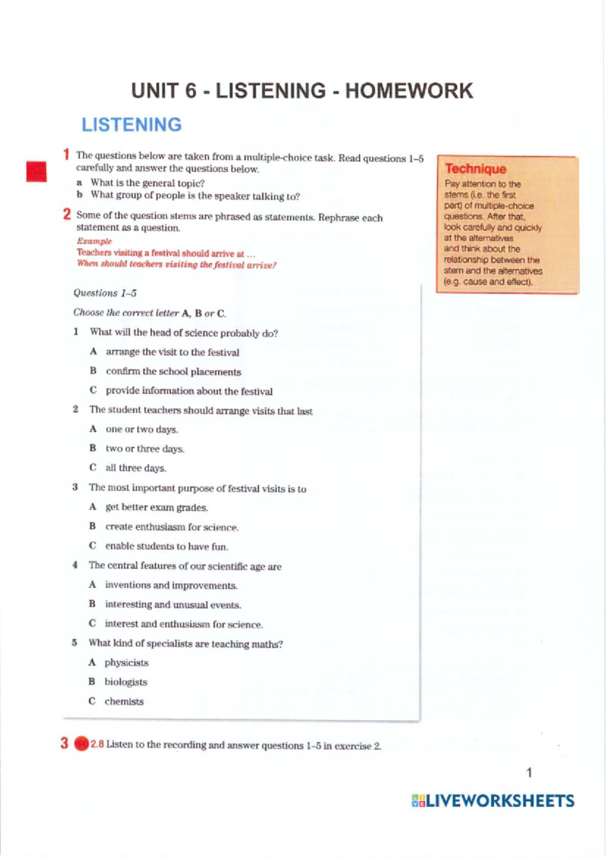 Unit 6 Listening Homework: Understanding Questions and Answers - Studocu