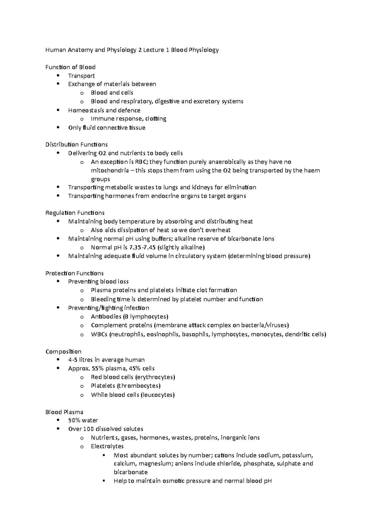 Lecture 1 Notes - Blood Physiology - Human Anatomy and Physiology 2 ...