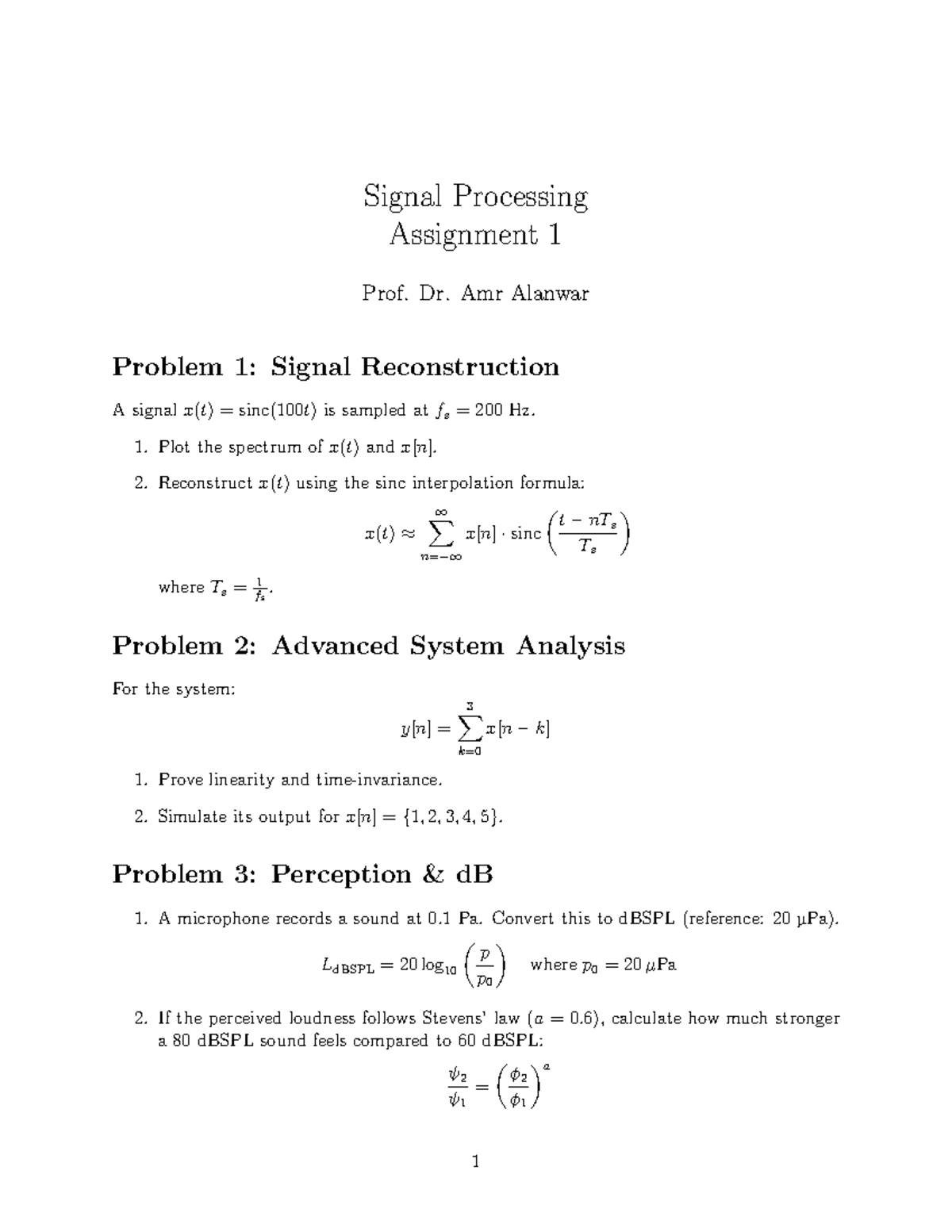 SP 101 HW1: Signal Processing & System Analysis Exercises - Studocu