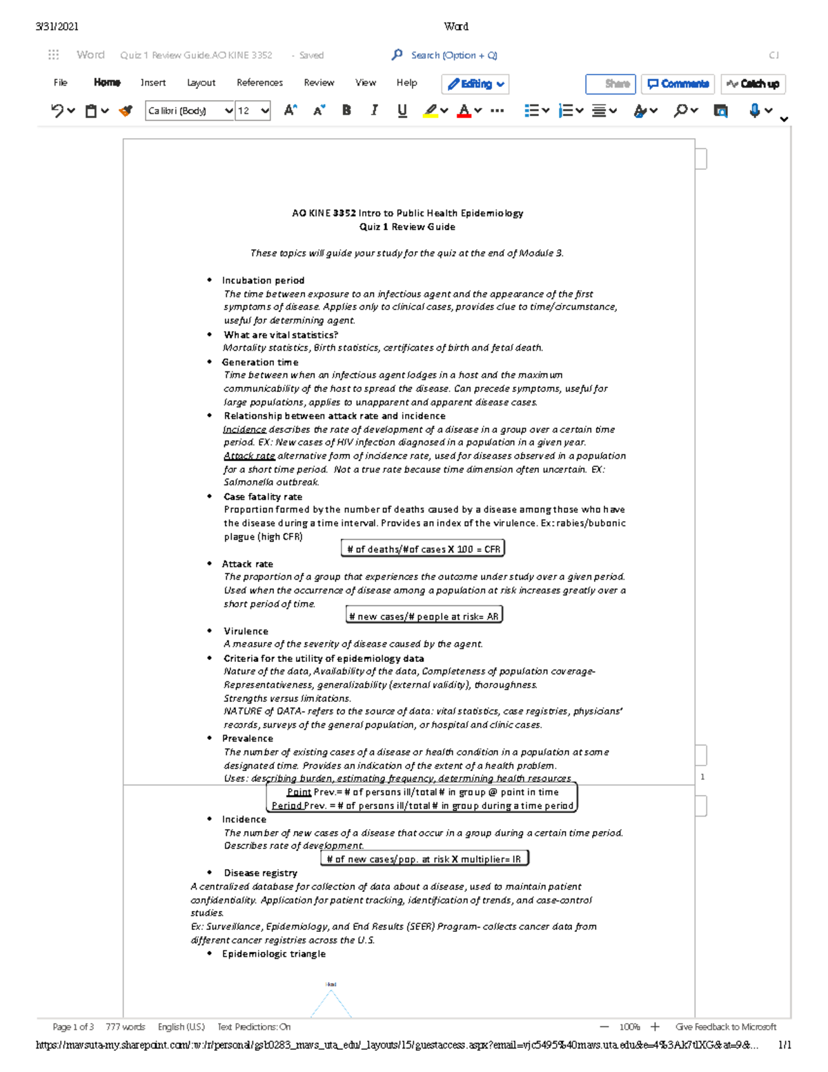 KINE 3352 Quiz 1 Review Guide: Key Concepts in Epidemiology - Studocu