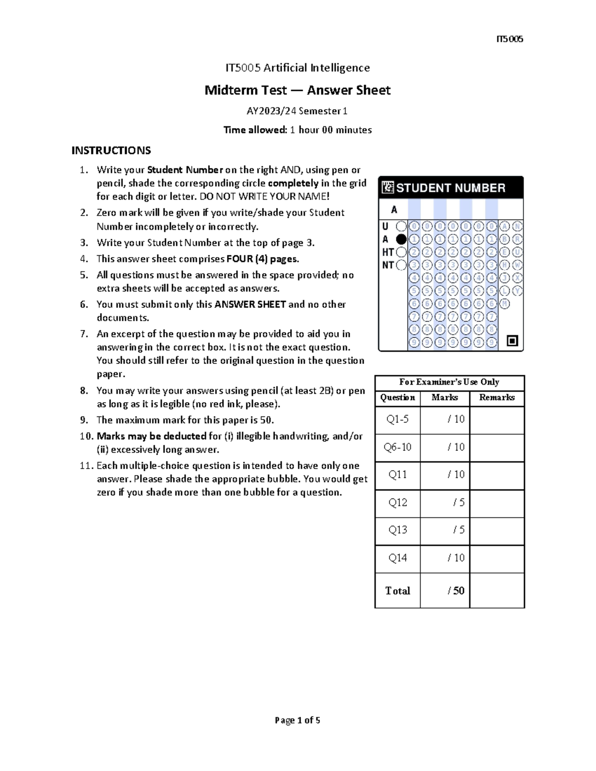 IT5005 Midterm Exam Answer Sheet Solutions Aug 2023 - Studocu
