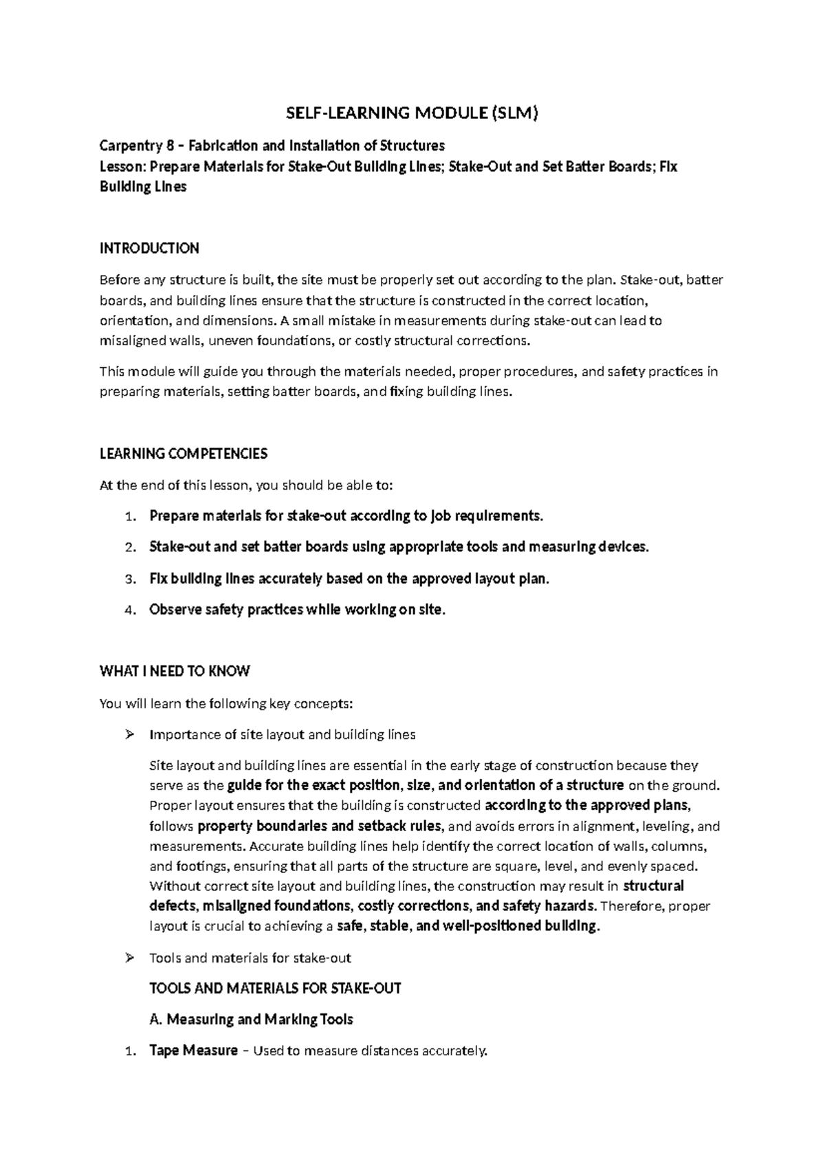 MODULE (SLM) Carpentry 8: Lesson on Preparing Materials & Setting ...