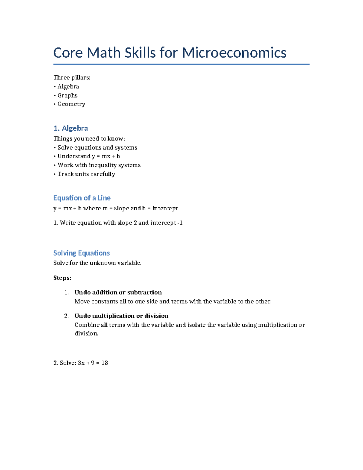 Core Math Skills for Microeconomics: Week 1 Applied Math Worksheet ...