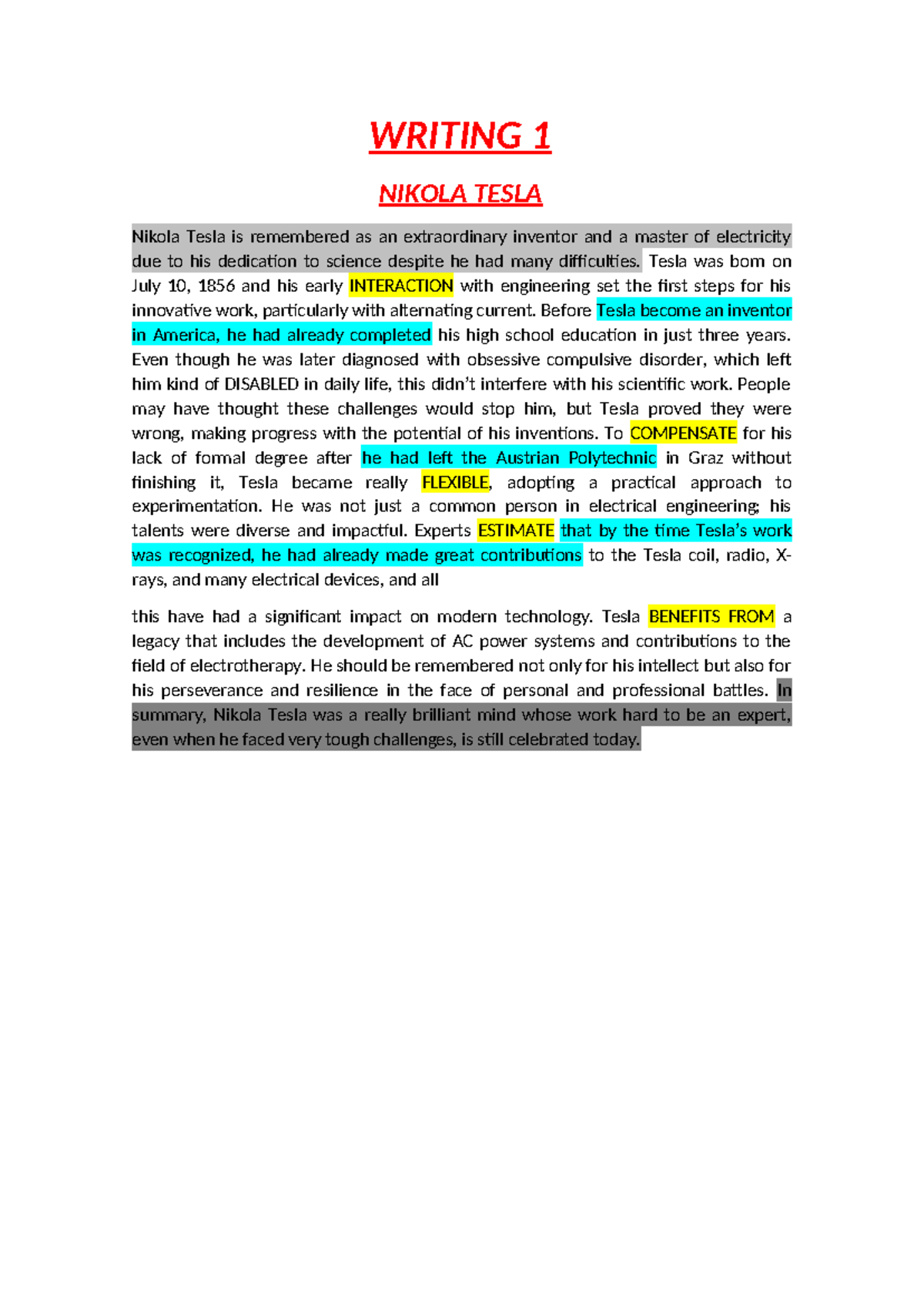 WRITING 1: The Legacy of Nikola Tesla and His Innovations - Studocu