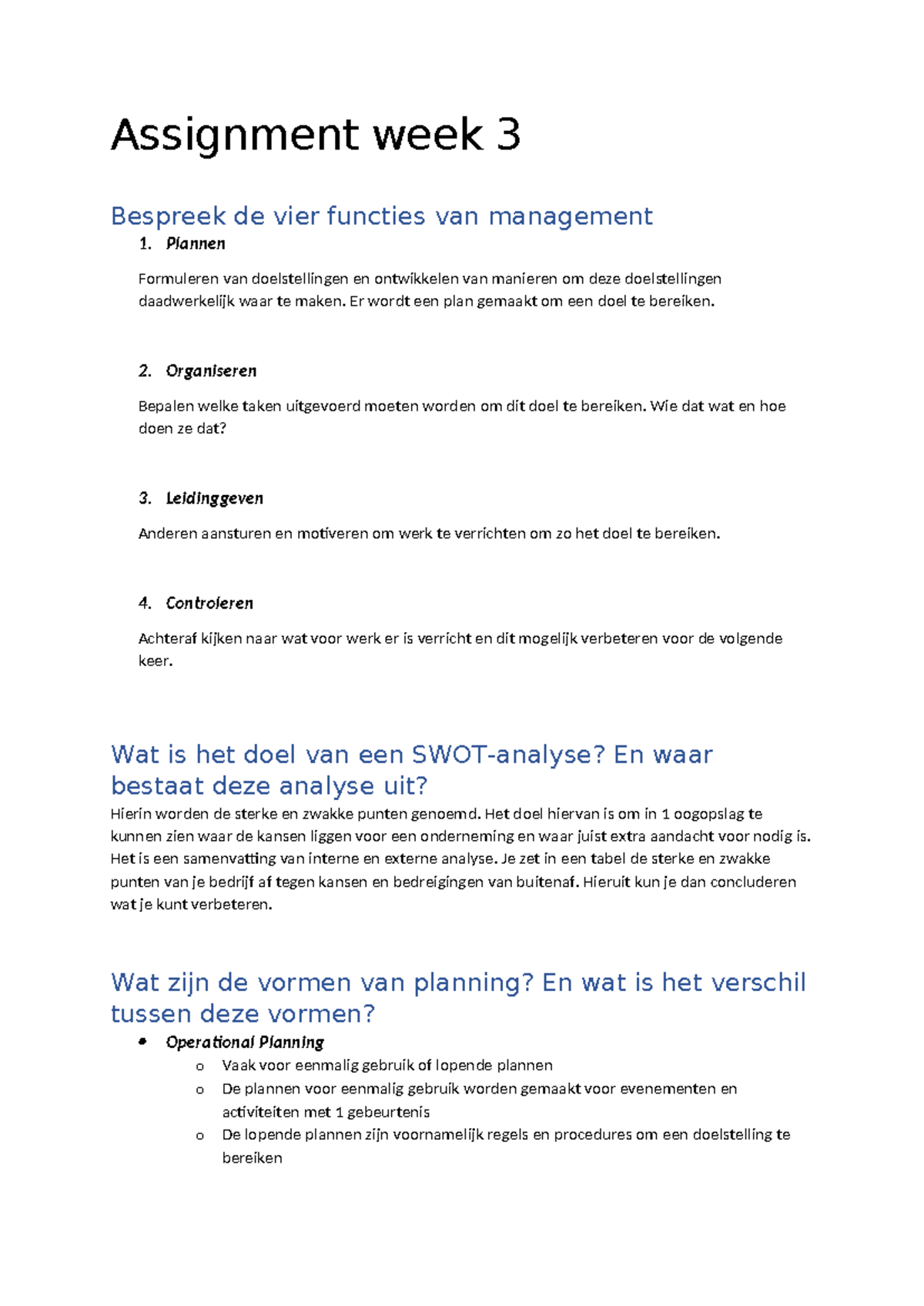 Assignment Week 3: Functies van Management en Planning E&M - Studeersnel