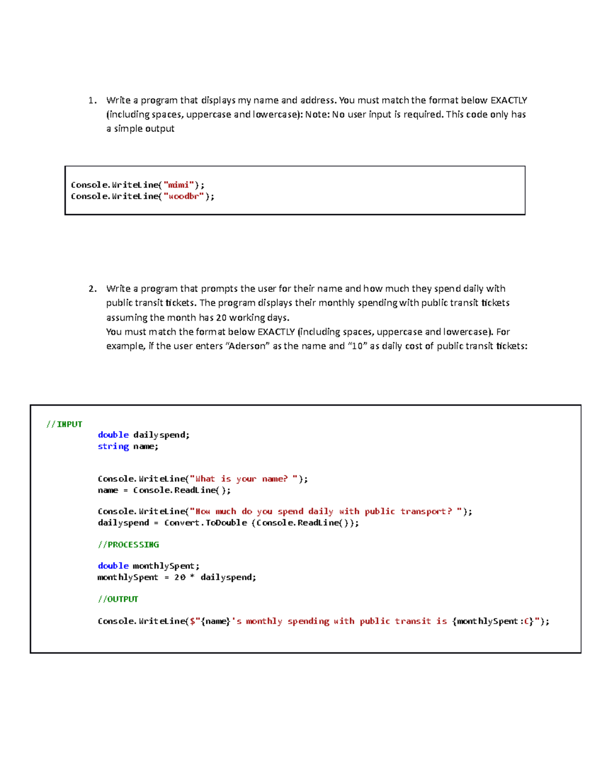 Programming Exercises for COMP100 Test 1 Examples - Studocu