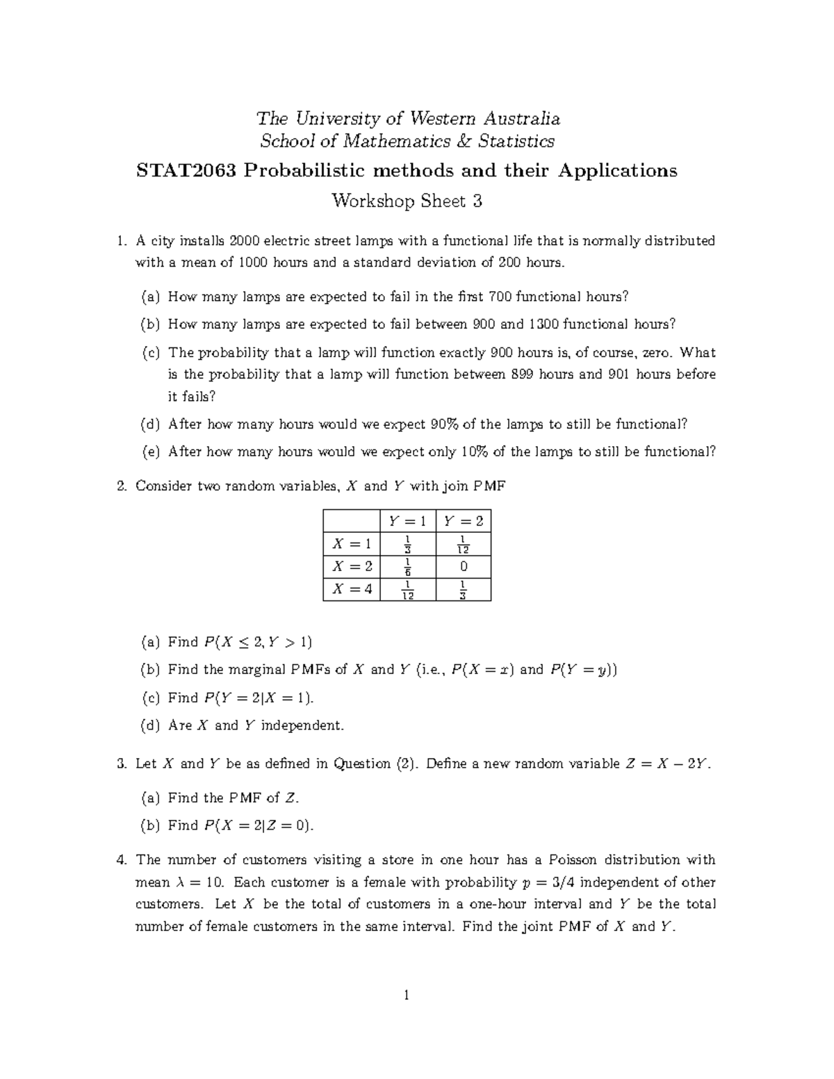 STAT2063 Probabilistic Methods Workshop Sheet 3 Analysis - Studocu