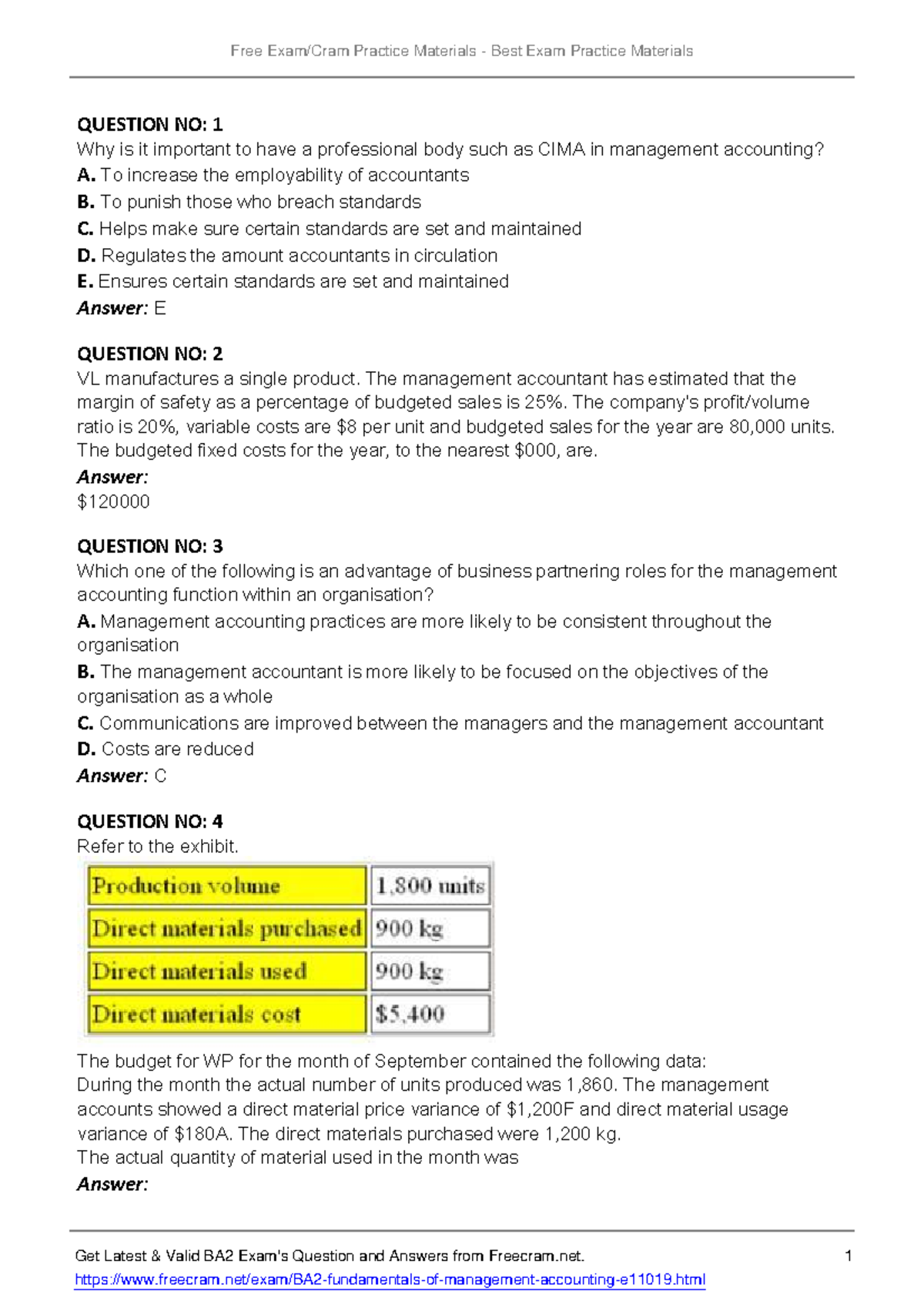 BA2 - CIMA B2 Management Accounting Practice Questions and Answers ...