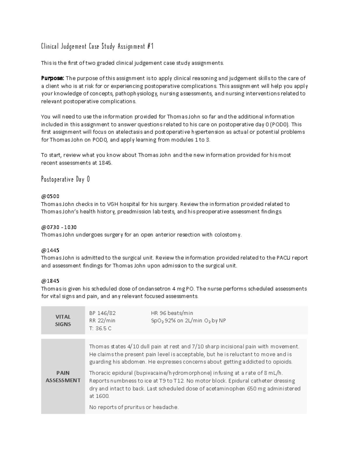 Clinical Judgement Case Study Assignment: Thomas John POD0 Analysis ...