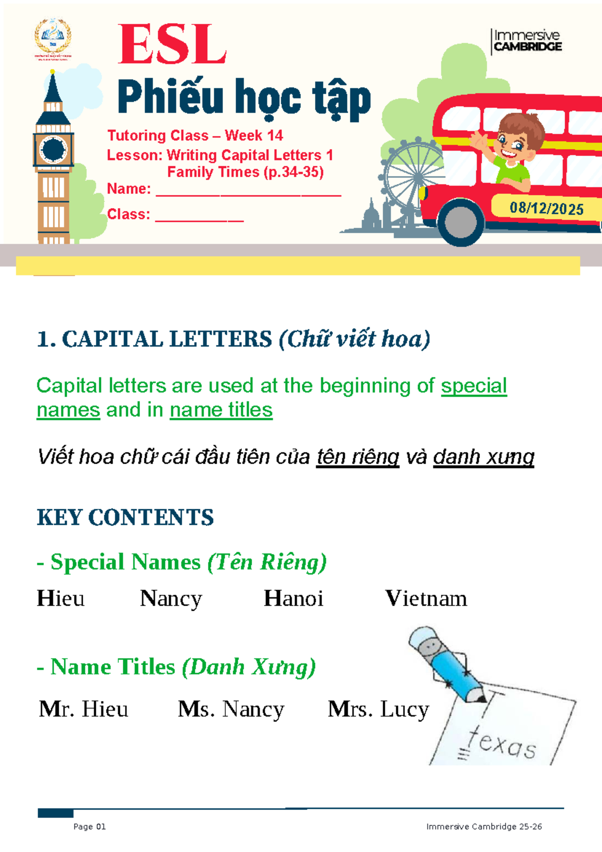 BTL Tutoring Week 14 - ESL Lesson on Capital Letters for Grade 1 - Studocu