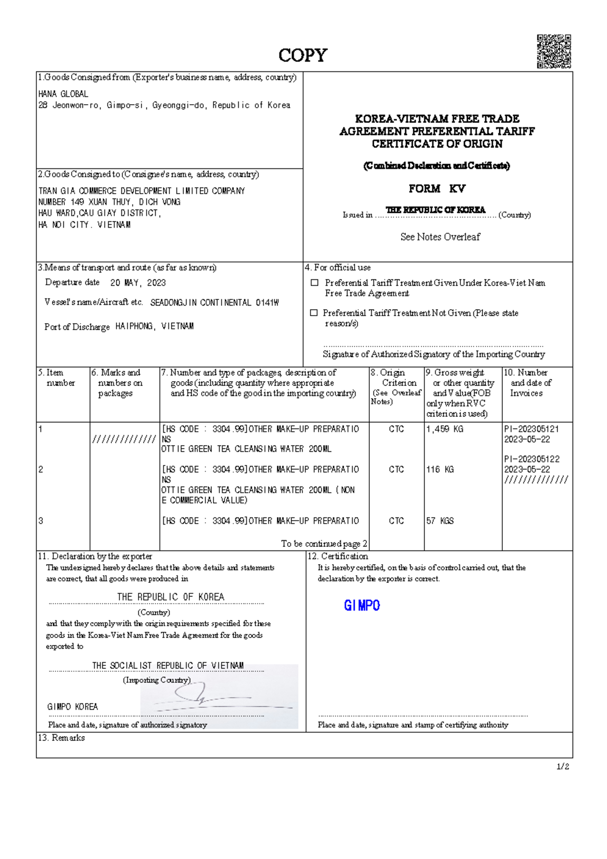 KOREA-VIETNAM FTA Certificate of Origin - Draft Version - Studocu