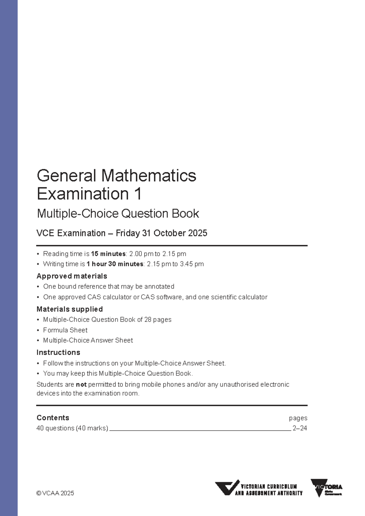 2025 VCE General Mathematics Exam 1 Question Book - Studocu