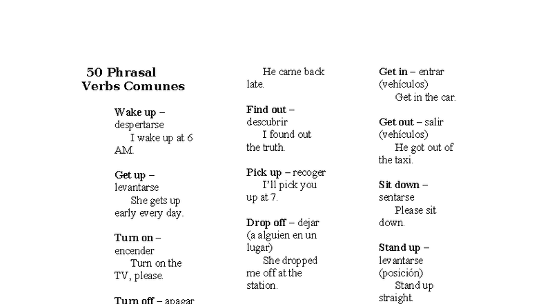 50 Phrasal Verbs Comunes - Ejemplos y Usos - Studocu