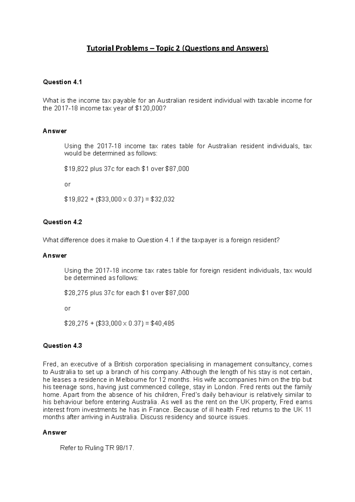 Topic 2 Tax Residency Q&A - Tutorial Problems Analysis (ACCT101) - Studocu
