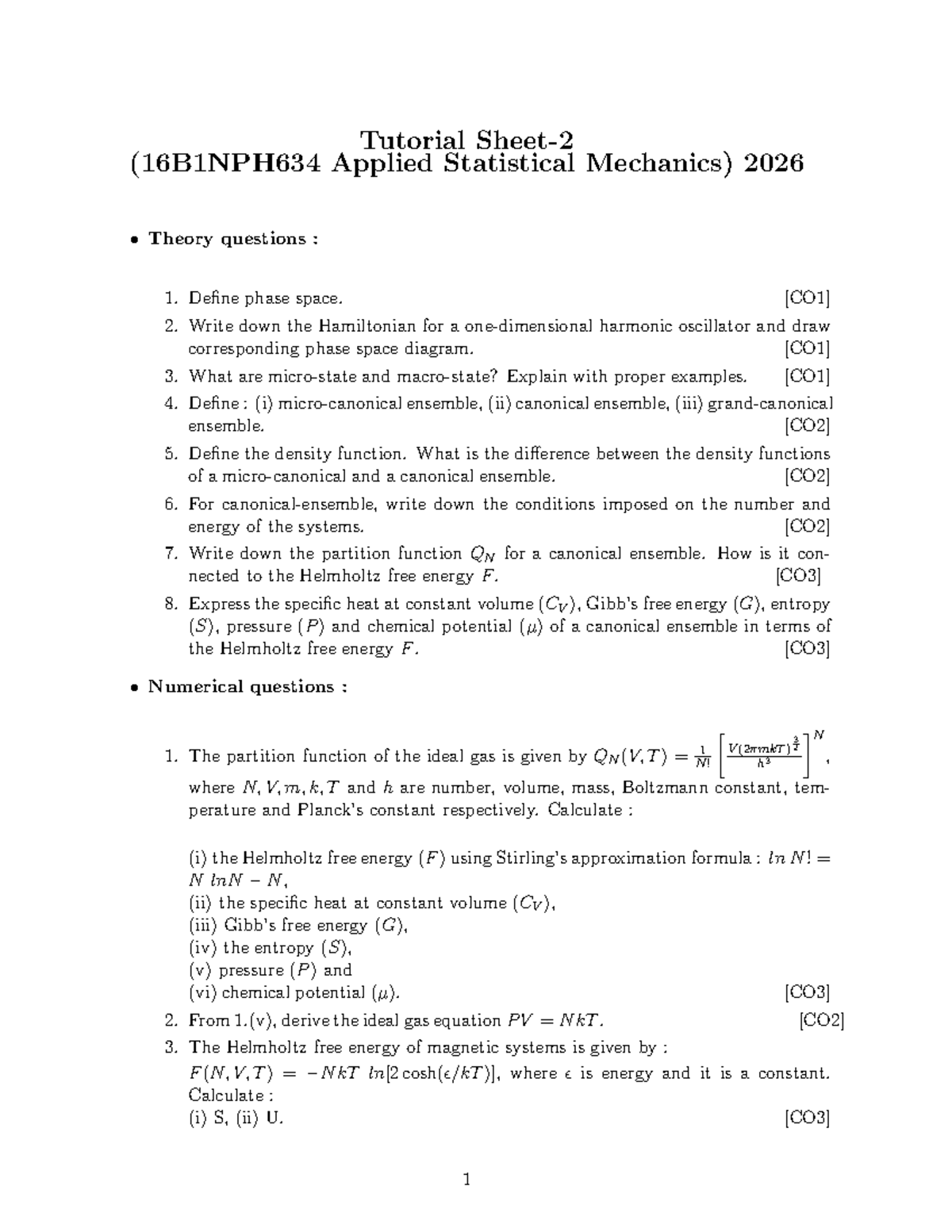 Tutorial (16B1NPH634) 2026: Applied Statistical Mechanics Questions ...