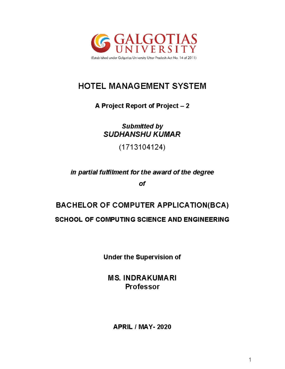 Hotel - hcdcu - HOTEL MANAGEMENT SYSTEM A Project Report of Project – 2 ...