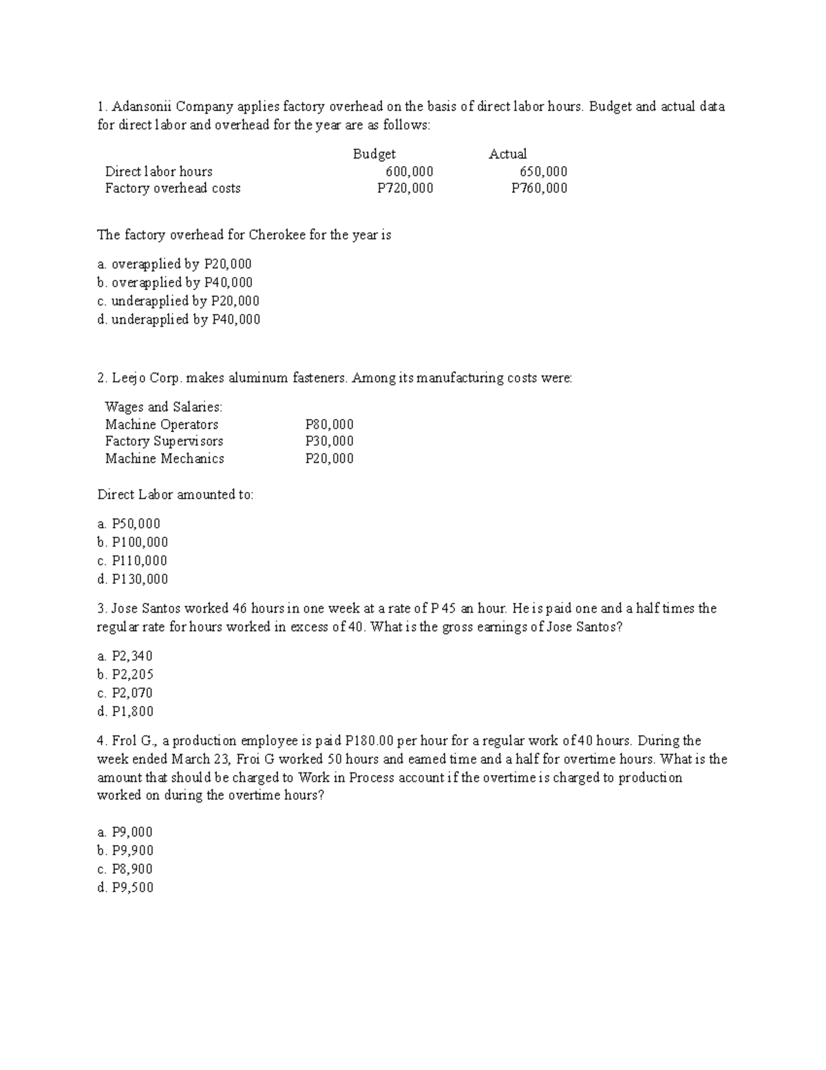 11 - Practice Sets: Overhead & Labor Cost Calculations - Studocu