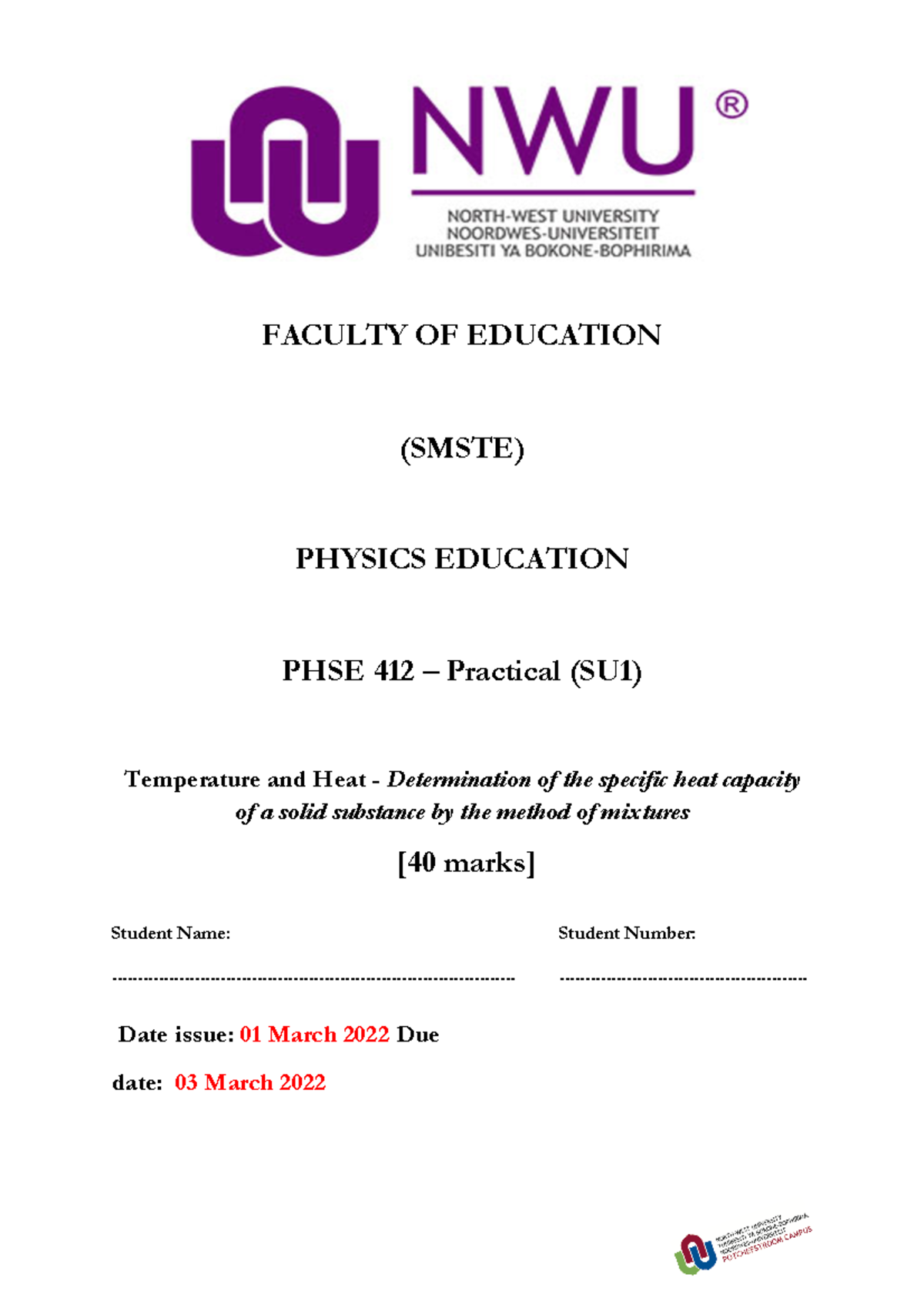 Specific Heat Capacity Experiment: PHSE 412 Practical (SU1) Analysis ...
