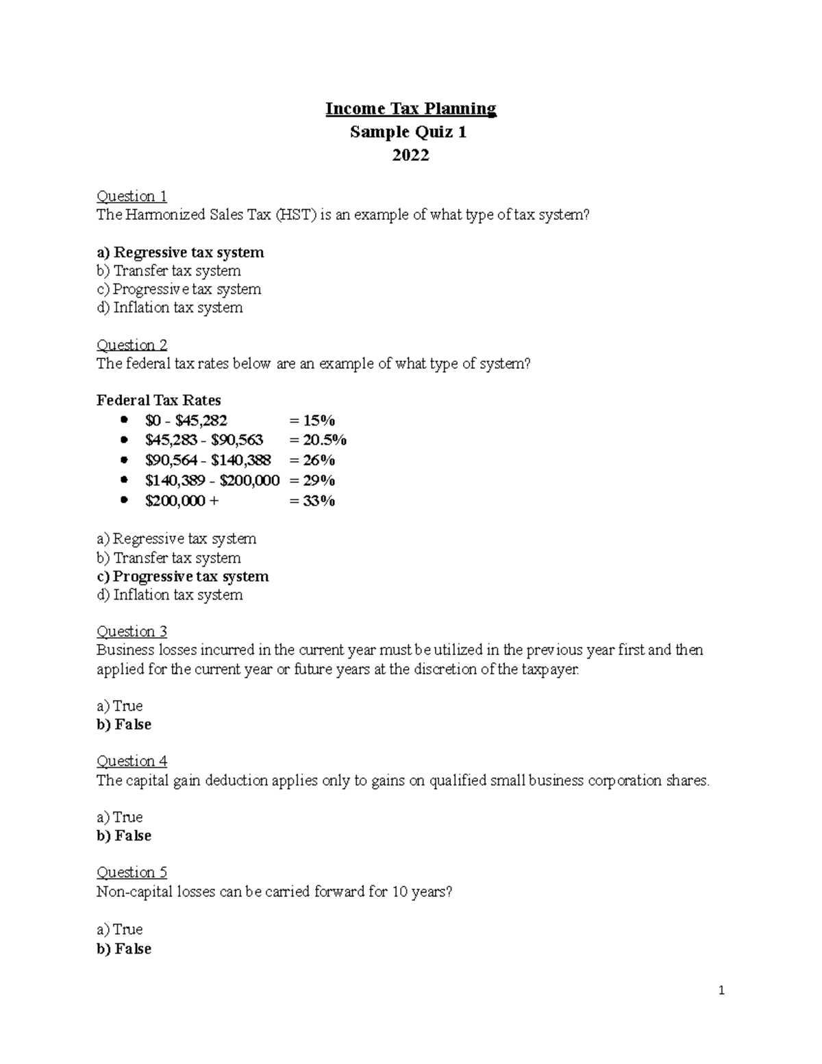Income Tax Planning (FIN 2005 Sample Quiz 1 Questions) Winter 2022 ...