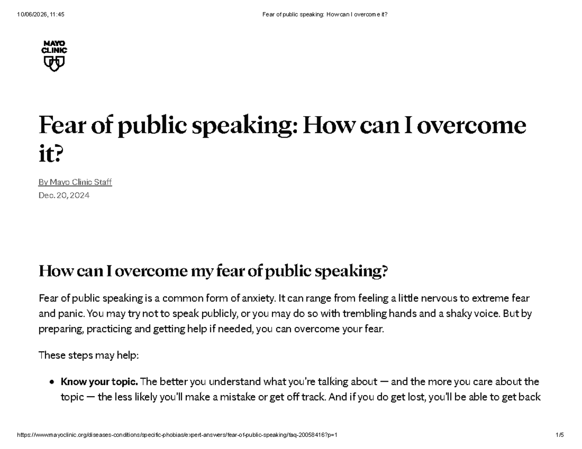 Overcoming Fear of Public Speaking: Tips and Strategies - Studocu