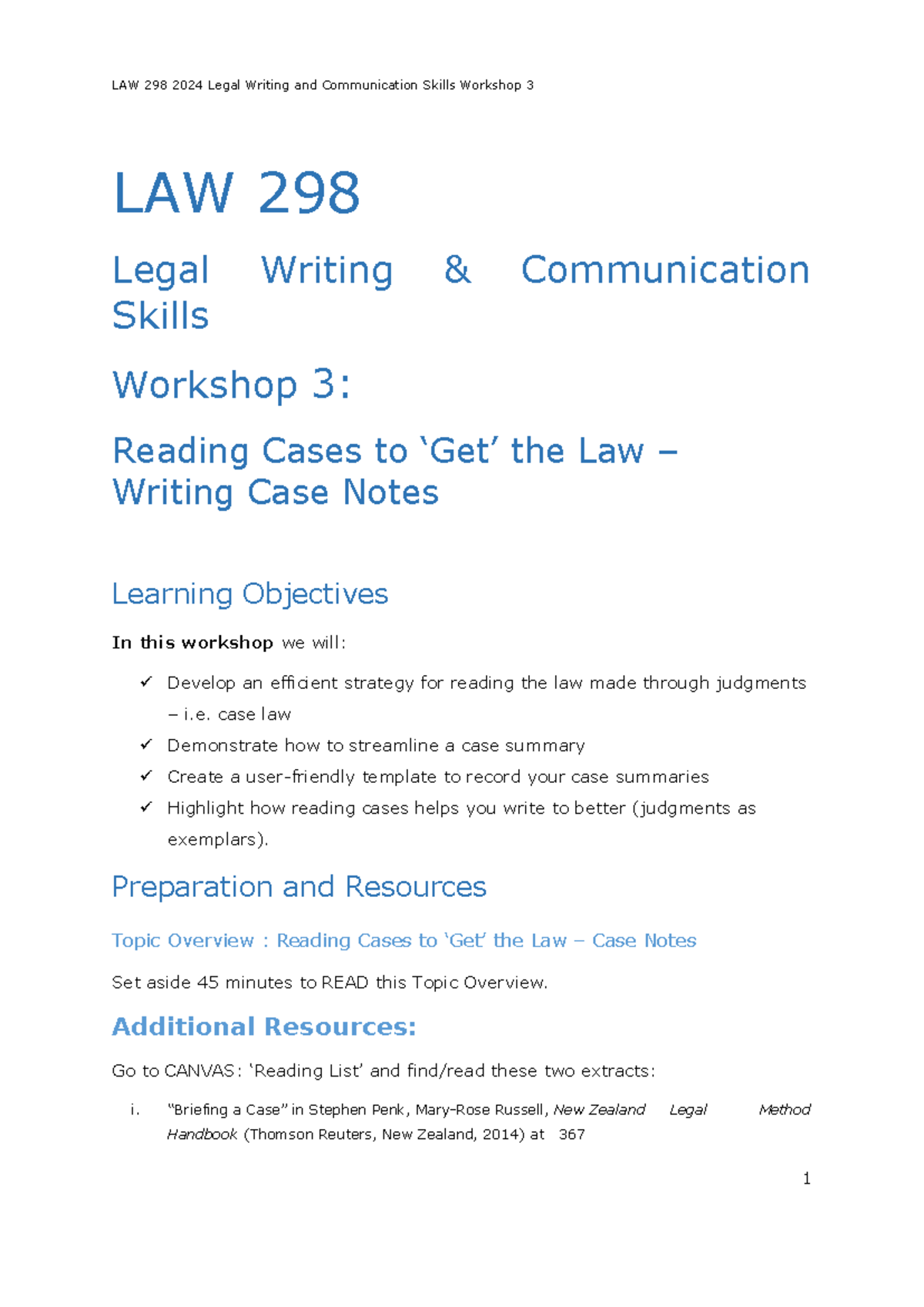 LAW 298 2024 Workshop 3: Reading Cases & Writing Case Notes Overview ...