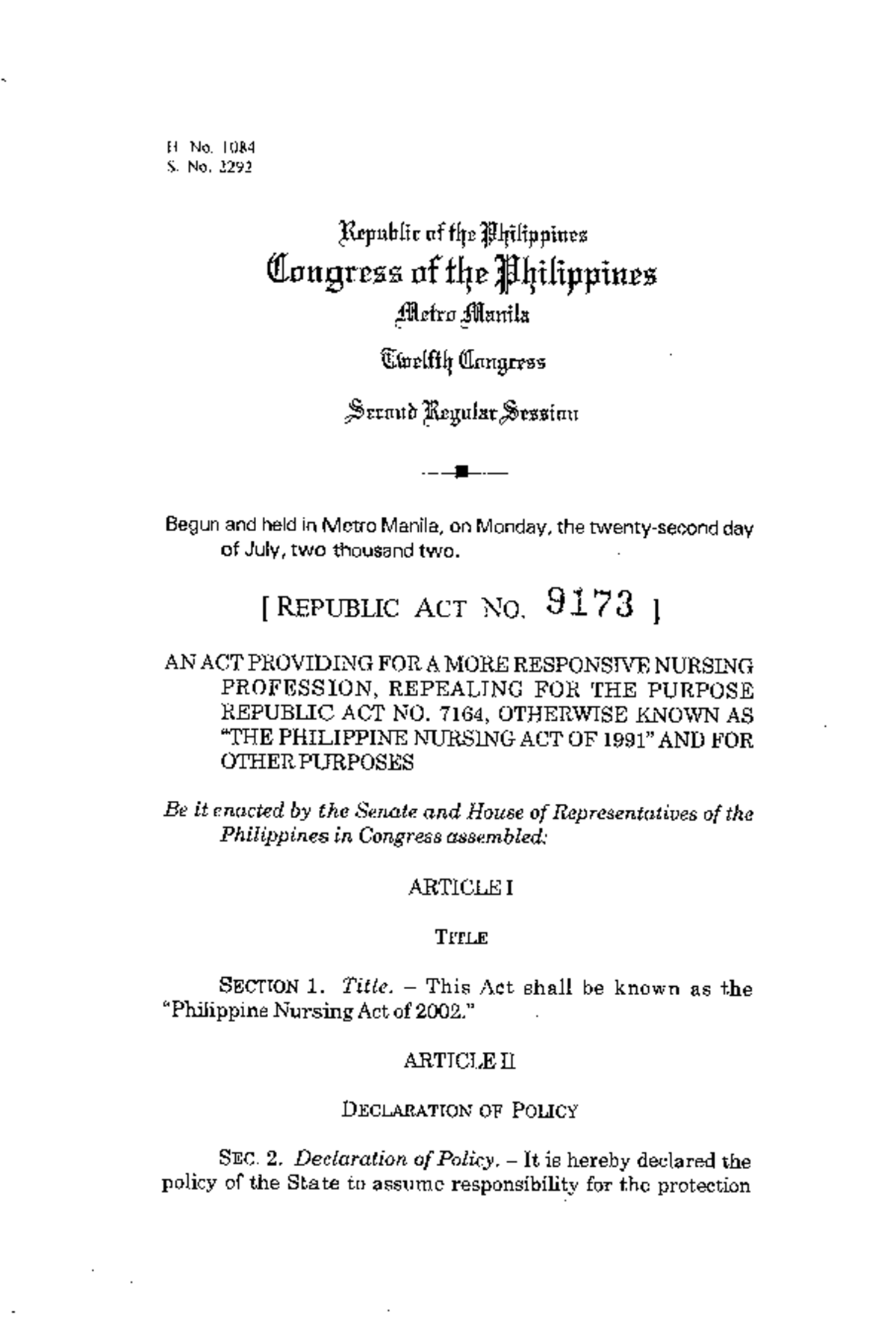 PH Congress (Jul 22 2002) RA 9173 - Philippine Nursing Act Overview ...