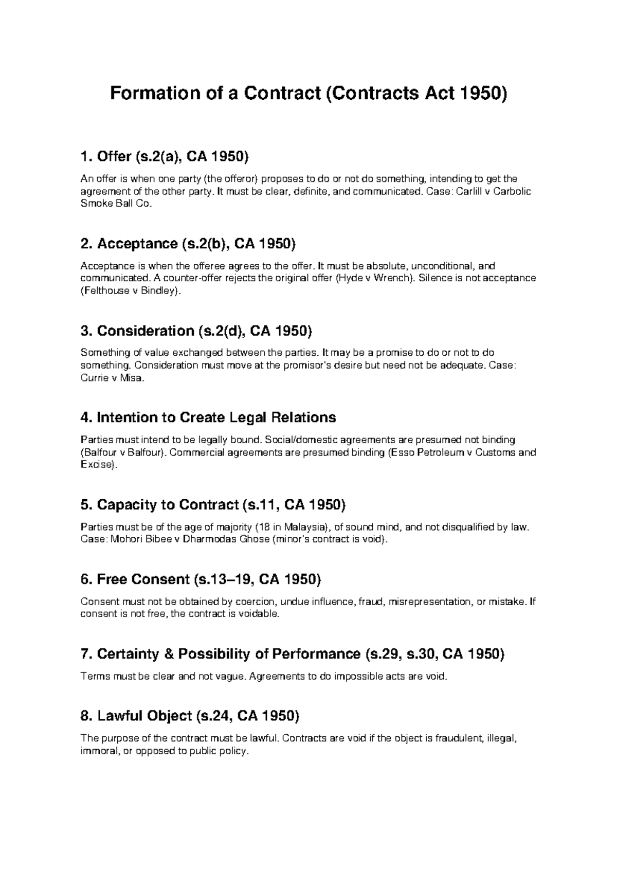 Formation of a Contract: Key Principles (Contracts Act 1950) - Studocu