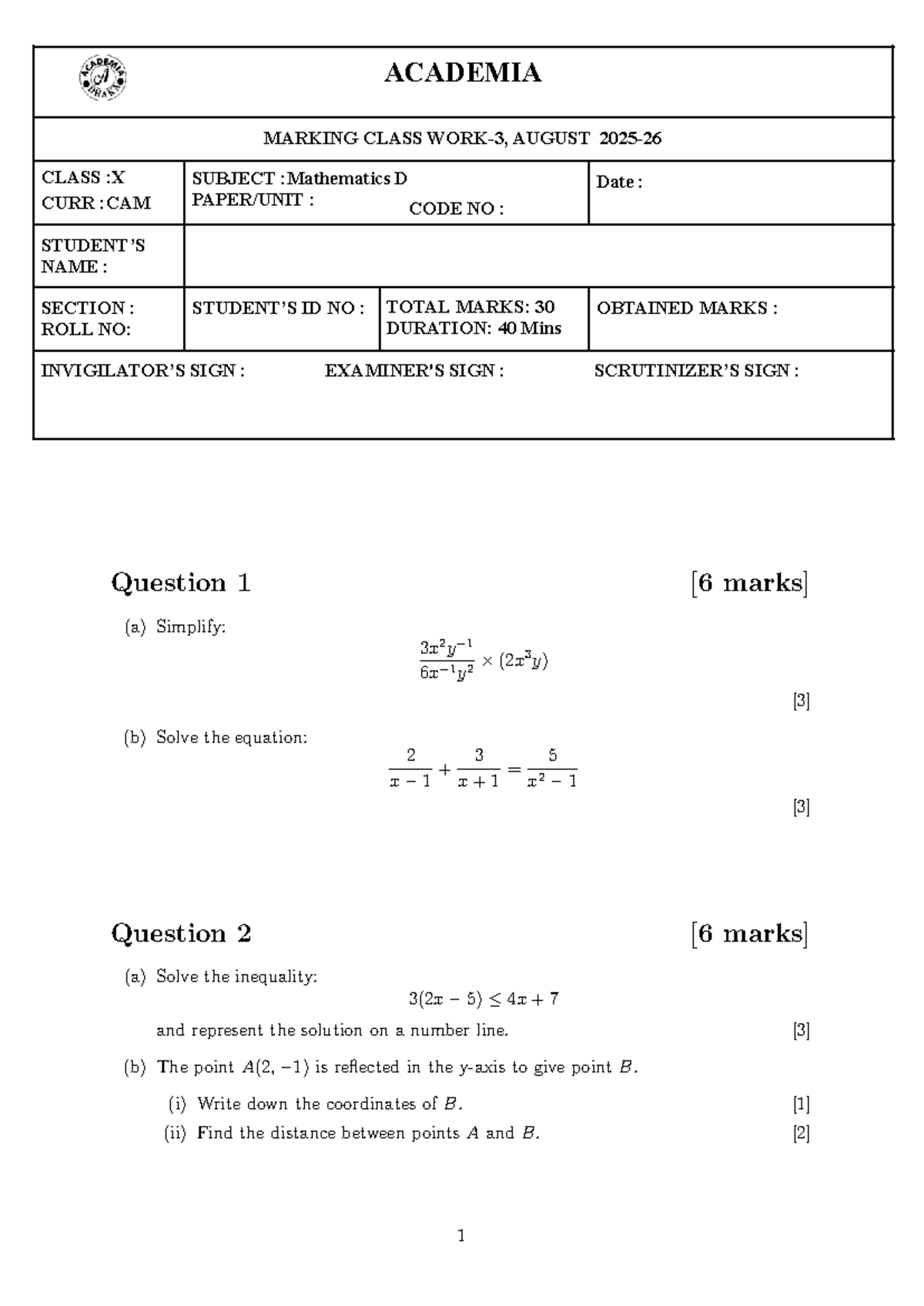 X-CAM Mathematics D Class August Exam Questions and Solutions - Studocu